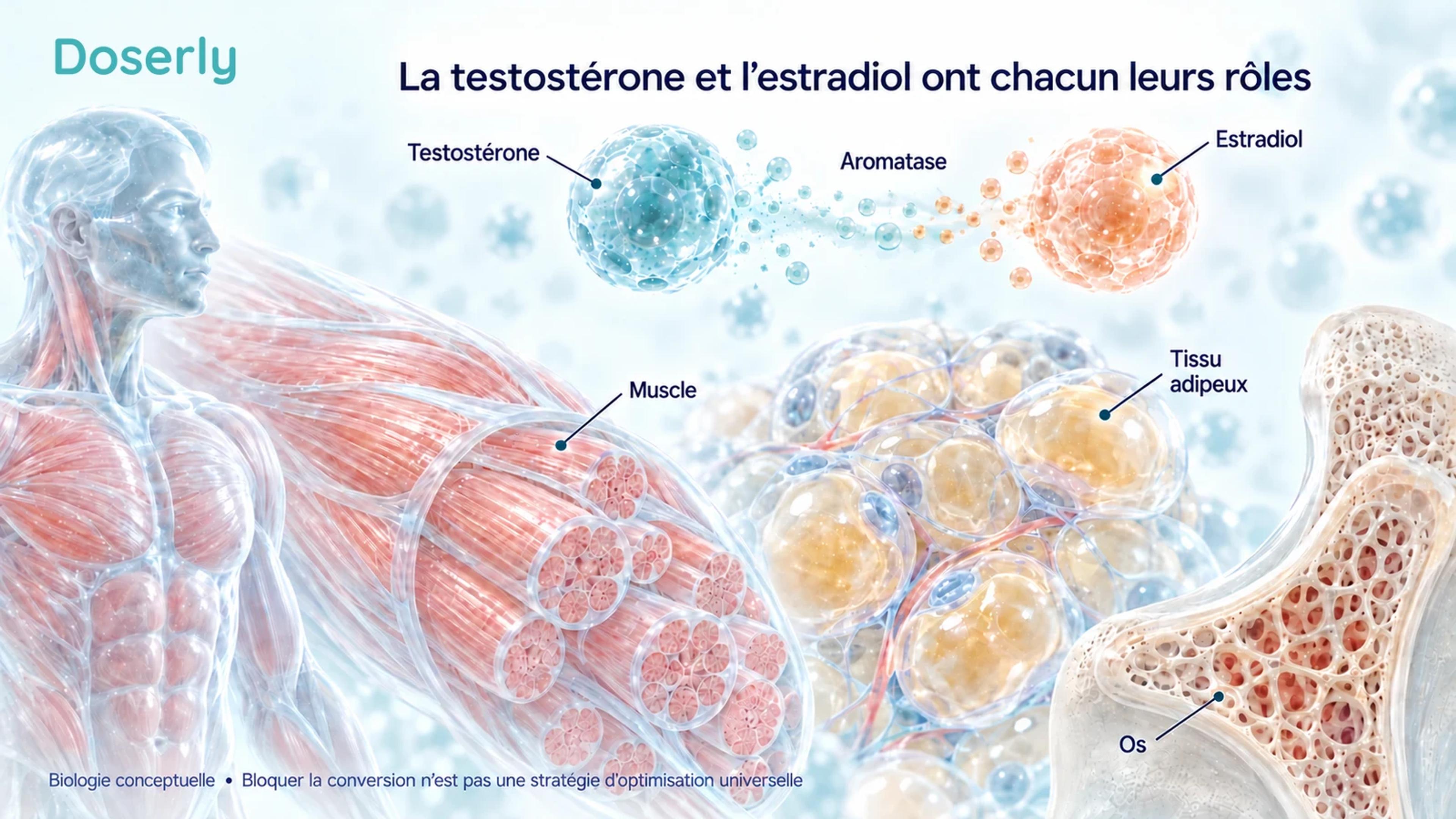 Conversion conceptuelle de la testostérone en estradiol au-dessus de fibres musculaires, de tissu adipeux et d’un os détaillés.