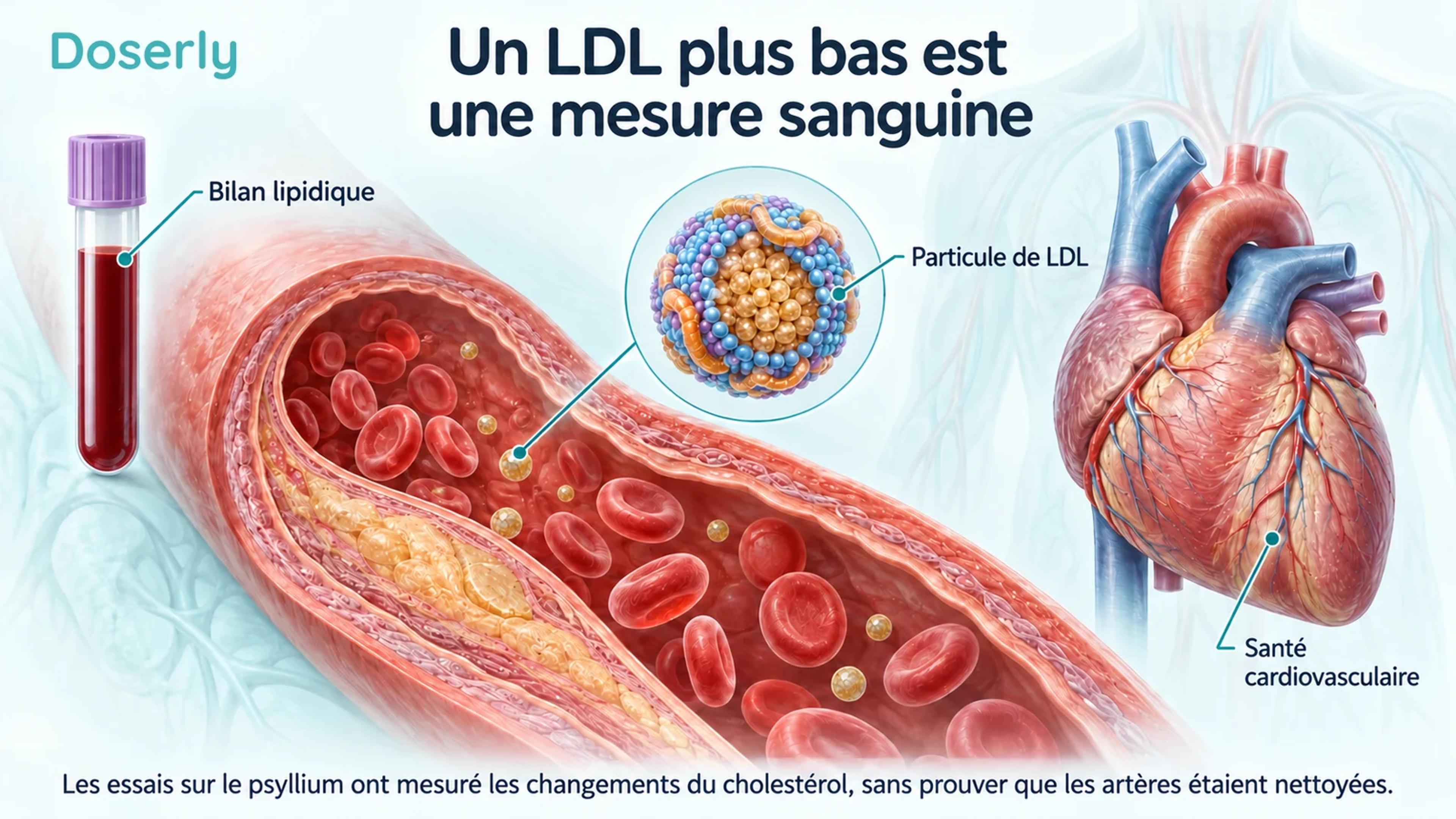 Un échantillon sanguin pour un bilan lipidique, une particule de LDL schématique et un cœur distinguent une mesure de laboratoire d’un résultat clinique.