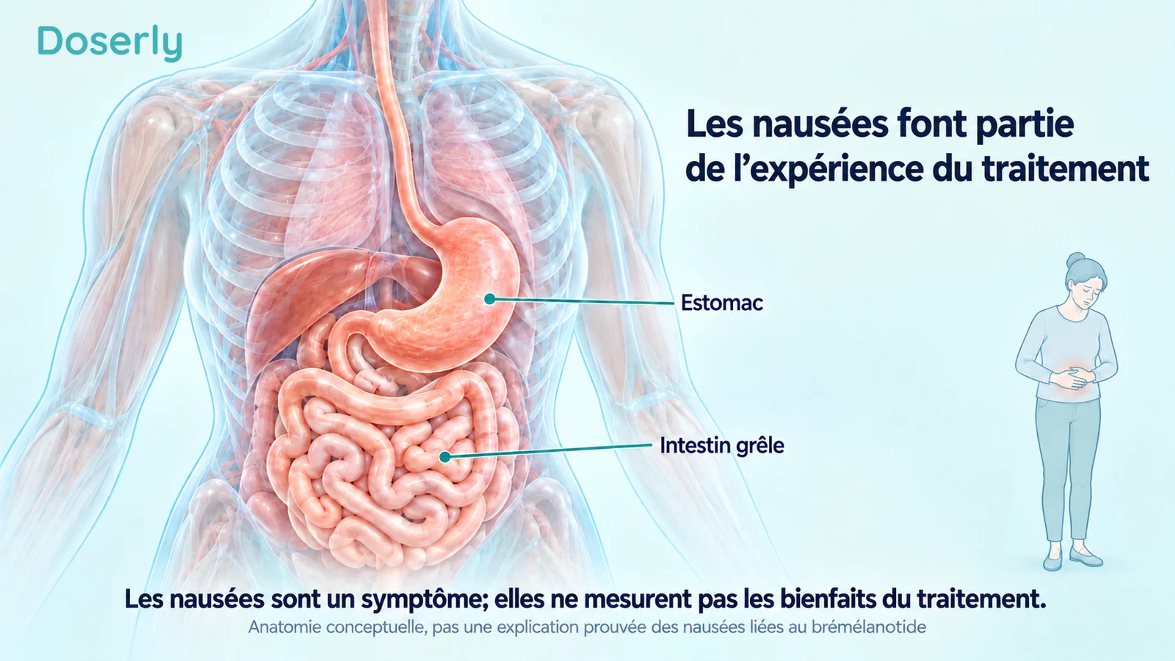 Anatomie détaillée de l’estomac et de l’intestin grêle à côté d’une petite illustration d’un adulte ressentant un inconfort abdominal.