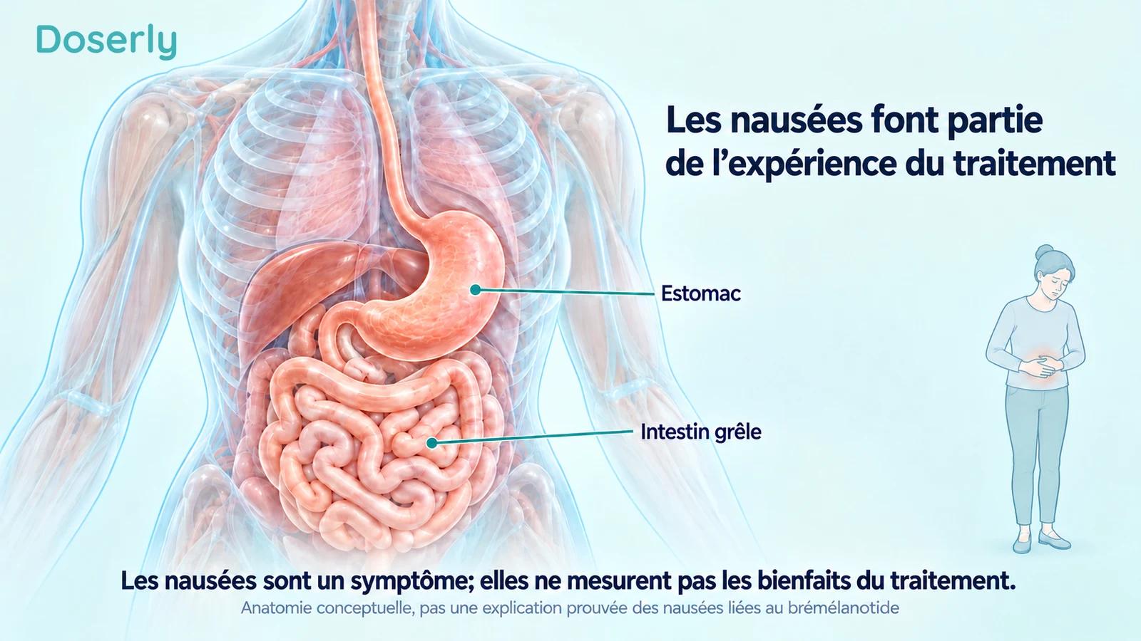 Anatomie détaillée de l’estomac et de l’intestin grêle à côté d’une petite illustration d’un adulte ressentant un inconfort abdominal.