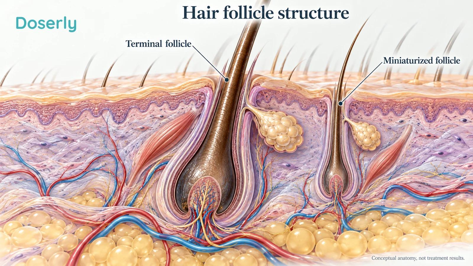 Detailed scalp cross-section comparing a large terminal hair follicle with a smaller miniaturized follicle.