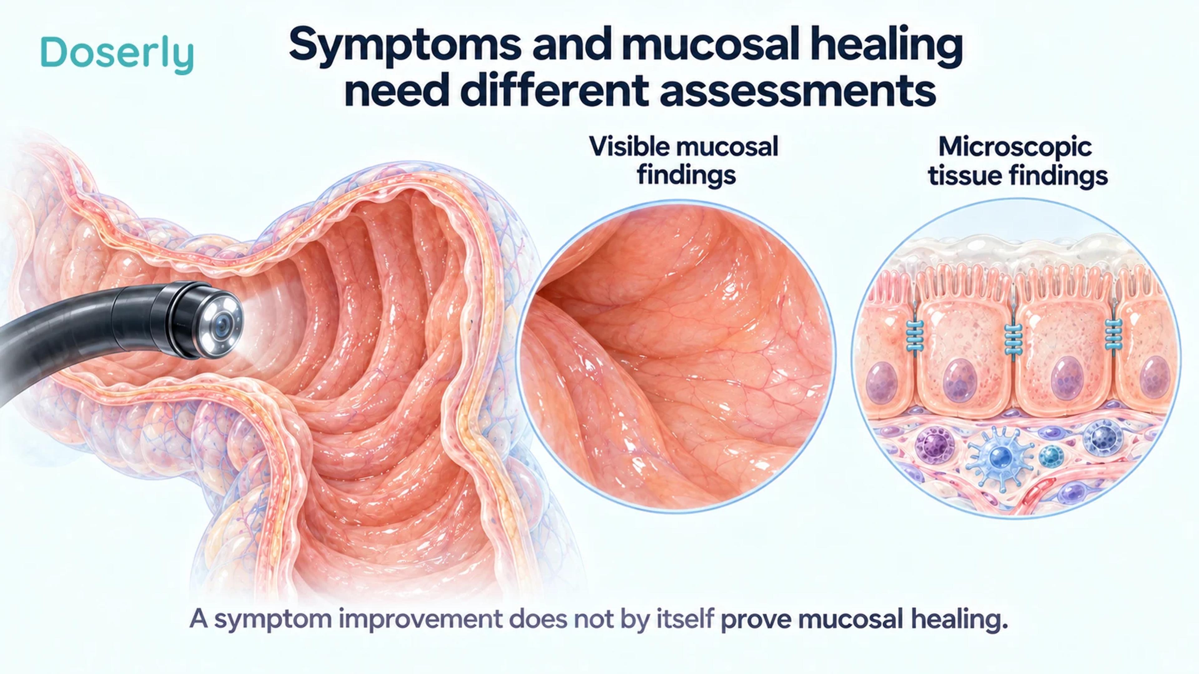 Colon and mucosal tissue illustrations distinguish visible lining findings from microscopic epithelial assessment.