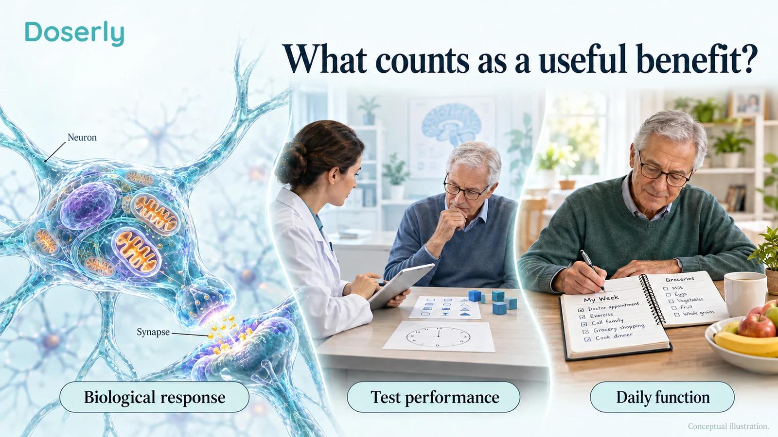 Three distinct scenes showing a cell-level response, a clinician administering a cognitive task and an older adult independently organizing a daily activity.
