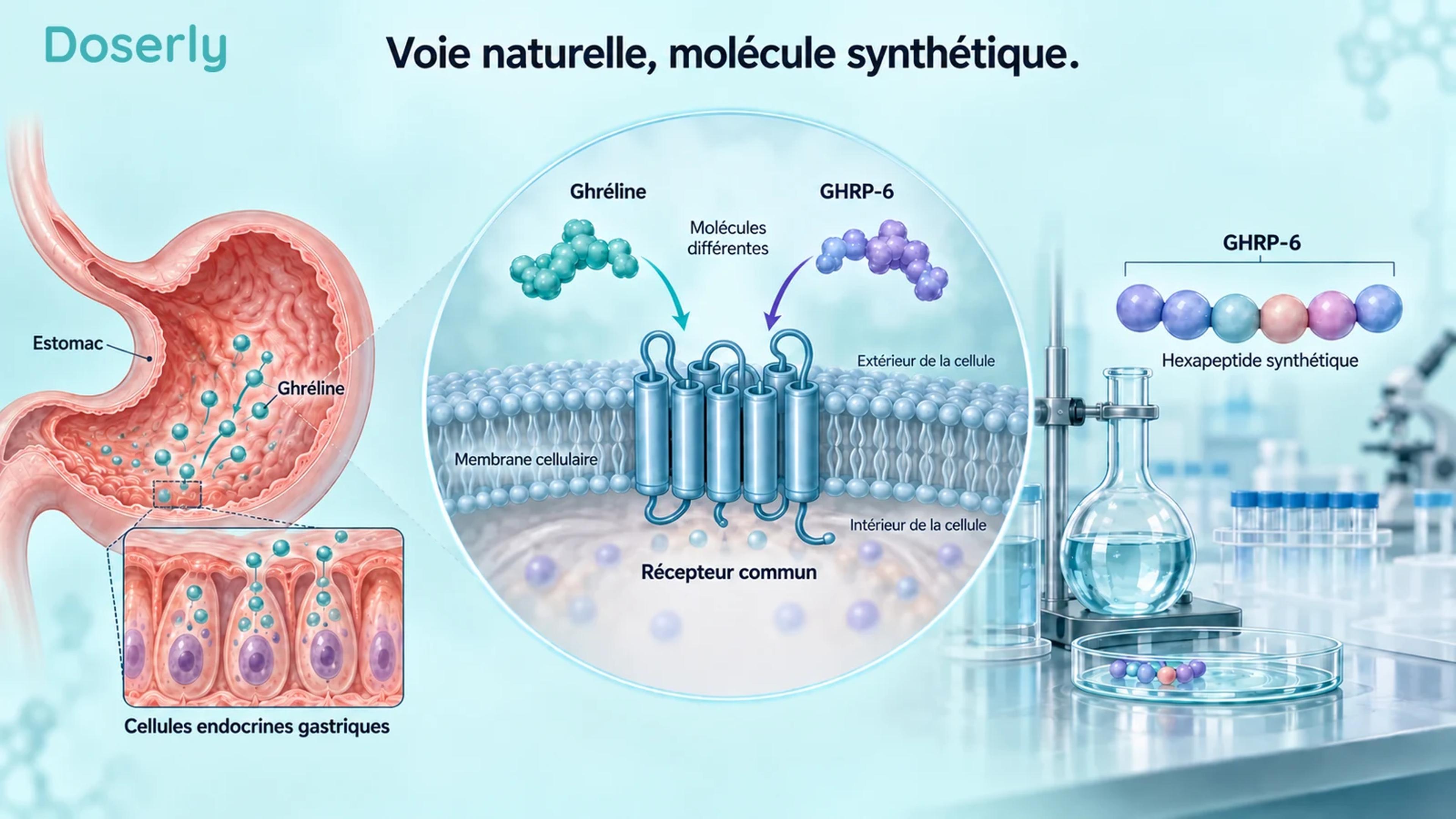 Cellules endocrines de l’estomac et scène de synthèse en laboratoire près d’un récepteur commun, pour distinguer la ghréline du GHRP-6