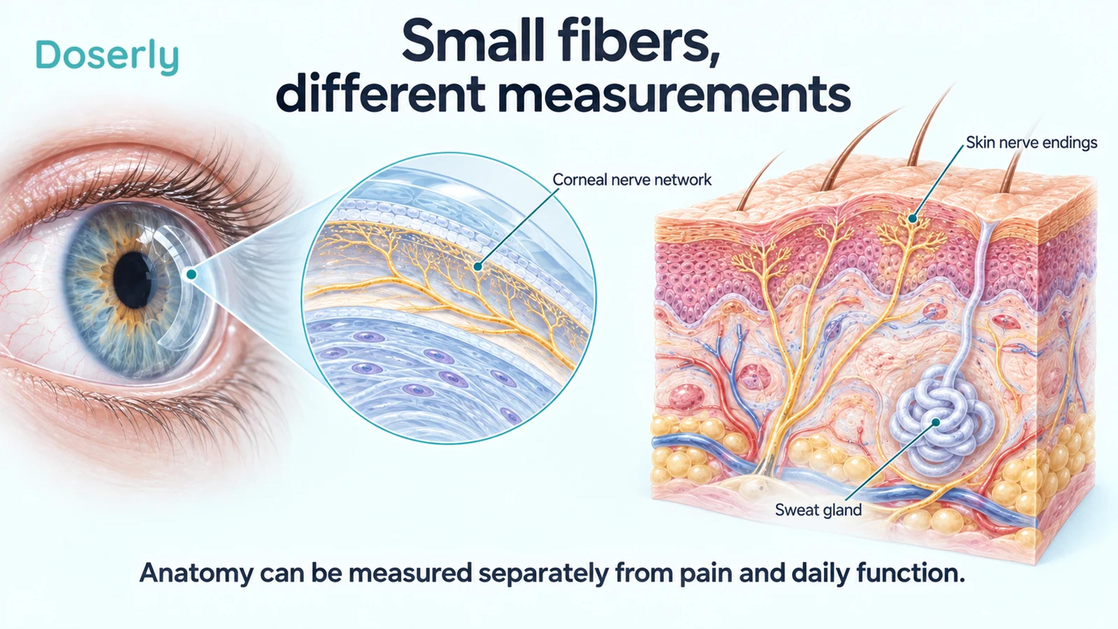 Detailed corneal nerve network and human skin nerve endings, with a separate sweat-gland callout.