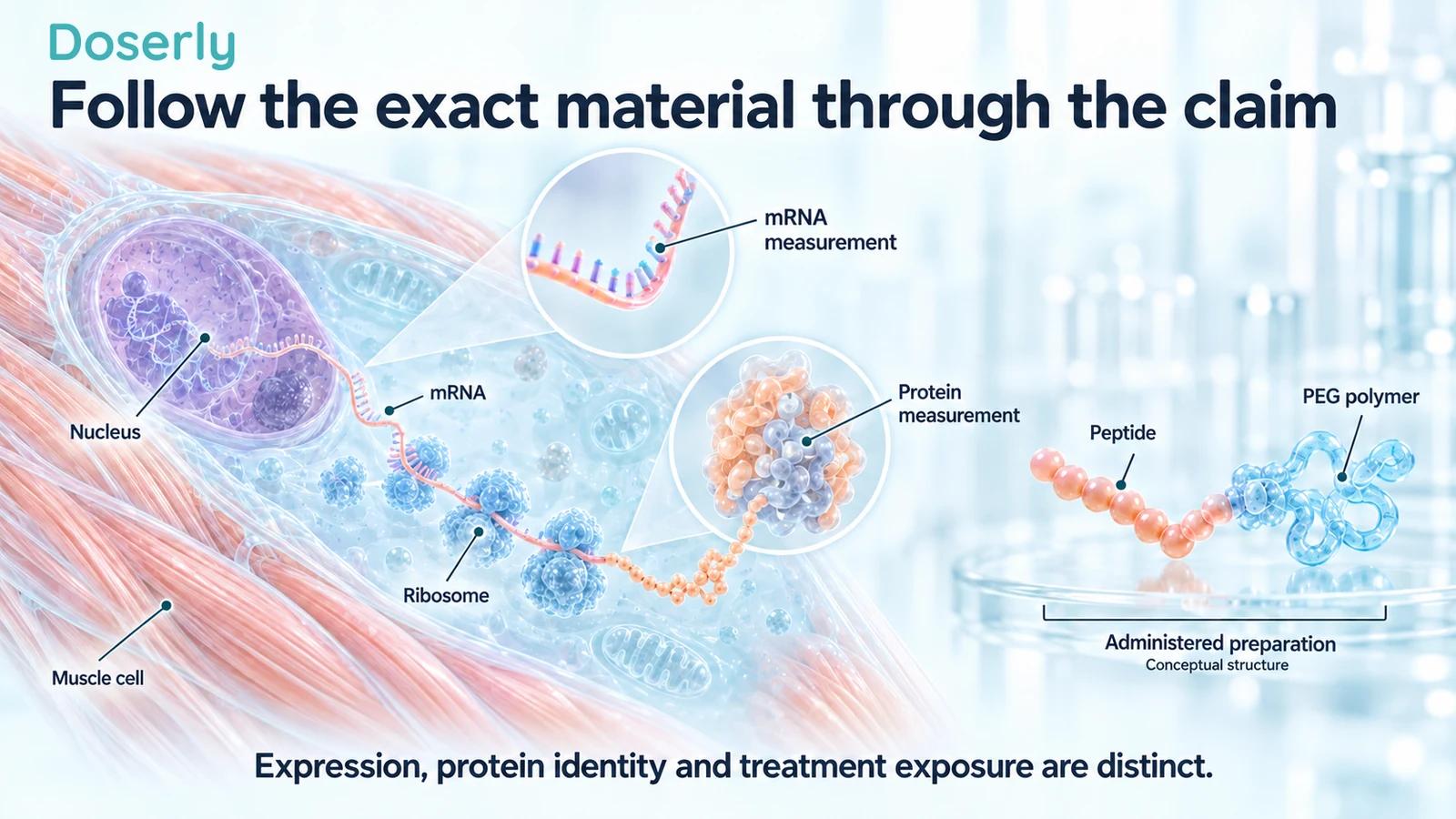 Detailed muscle-cell RNA and protein illustrations are spatially separated from a conceptual laboratory PEG-peptide preparation.