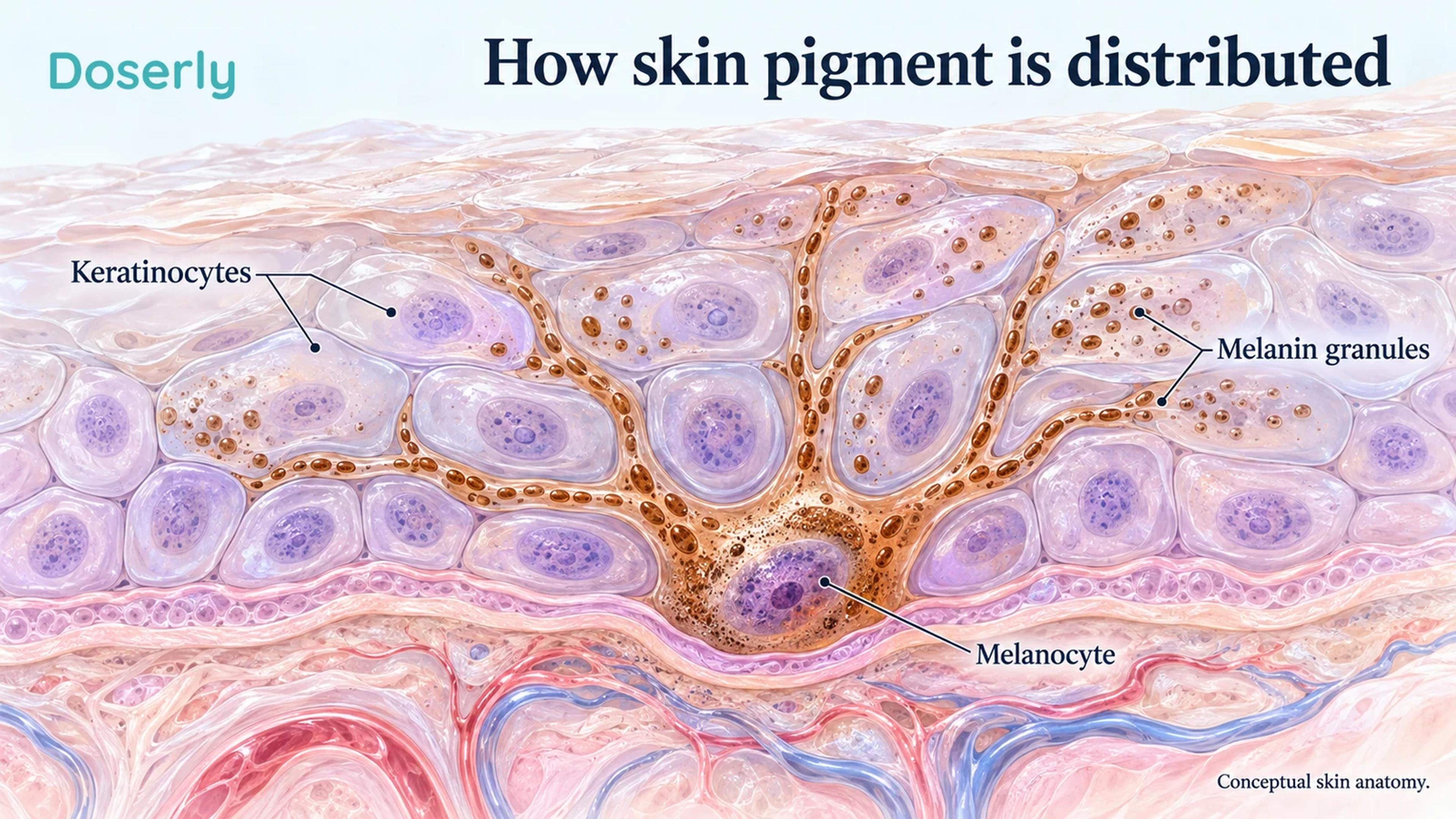 Detailed epidermal anatomy showing a basal melanocyte, its branching processes and pigment granules within surrounding keratinocytes.