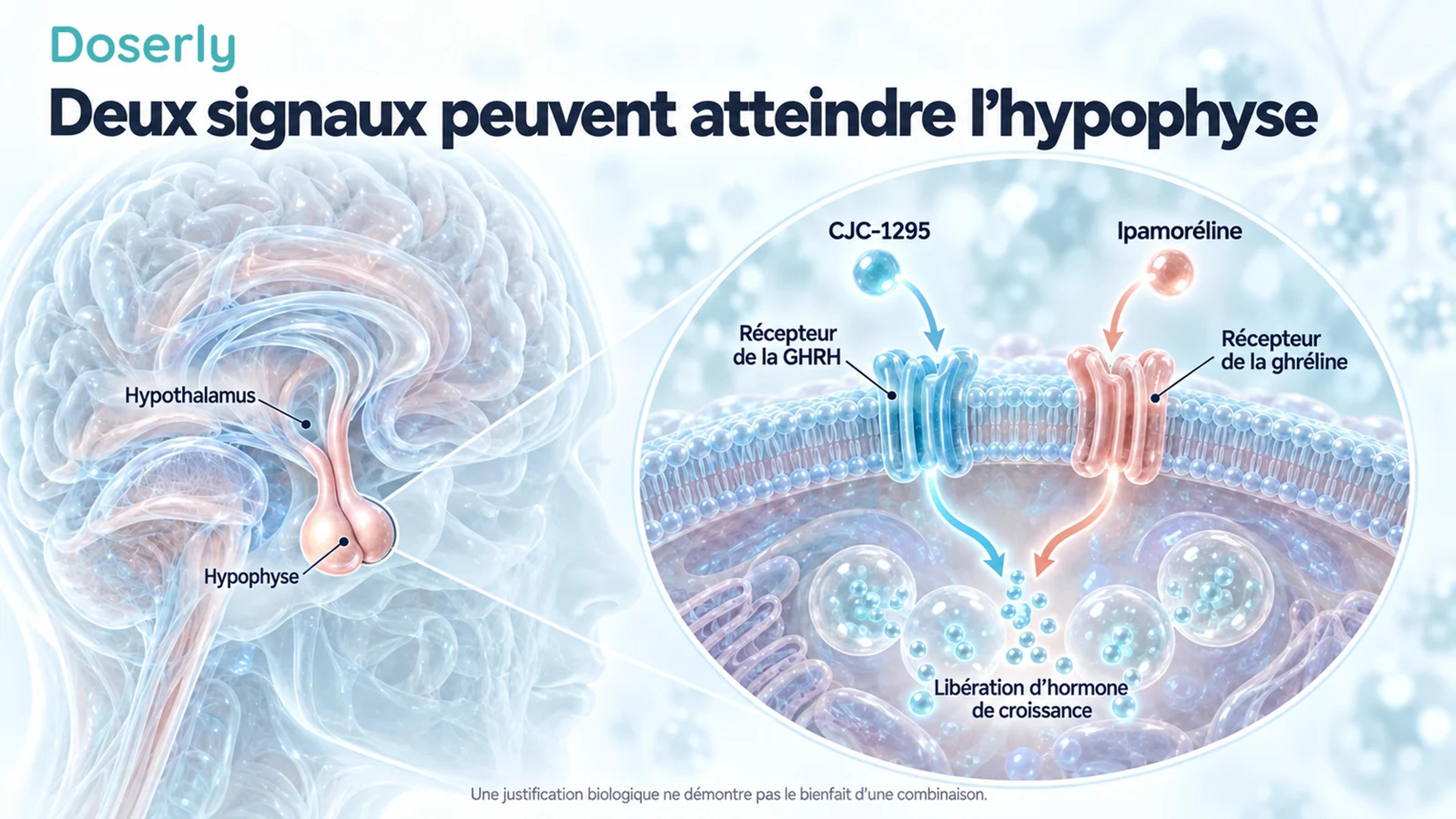 Anatomie de l’hypophyse avec des représentations conceptuelles distinctes des récepteurs de la GHRH et de la ghréline participant à la libération de l’hormone de croissance.