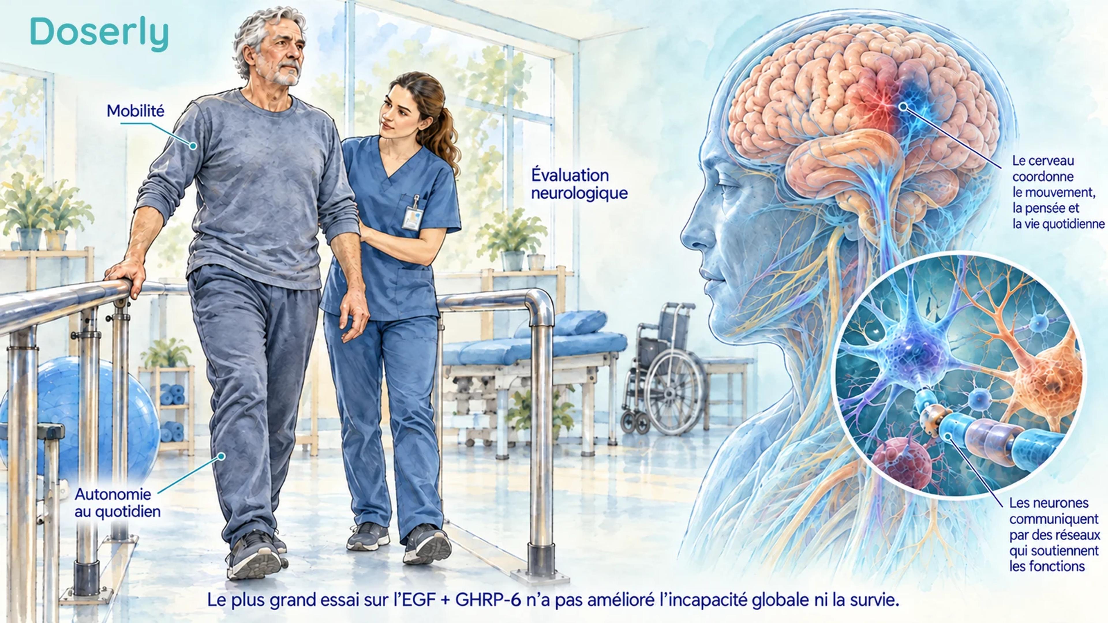 Une personne ayant survécu à un AVC et un thérapeute évaluent la mobilité, à côté d’une représentation conceptuelle de l’anatomie du système nerveux.