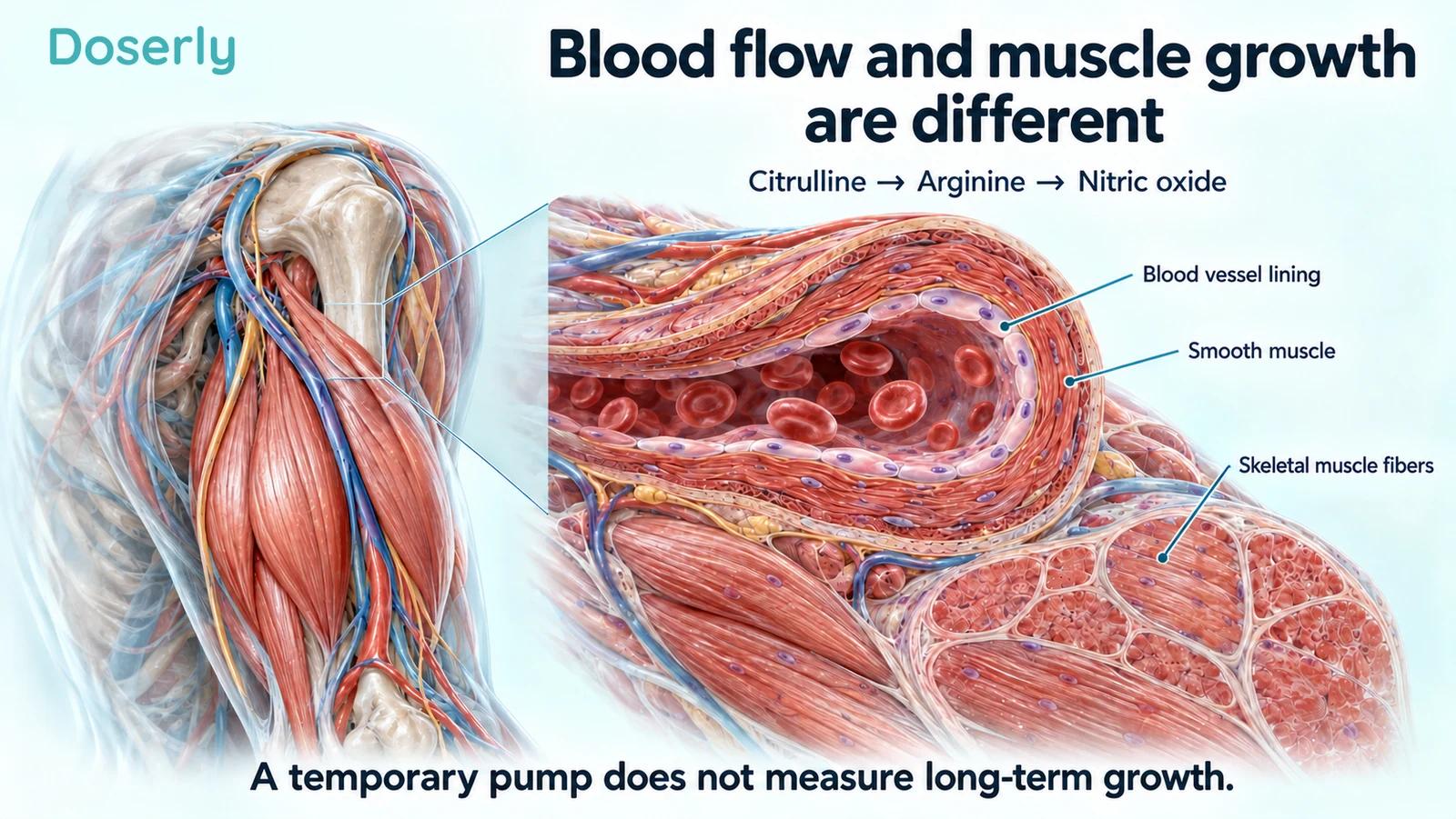Translucent upper-arm anatomy with enlarged blood-vessel layers and nearby skeletal muscle fibers.