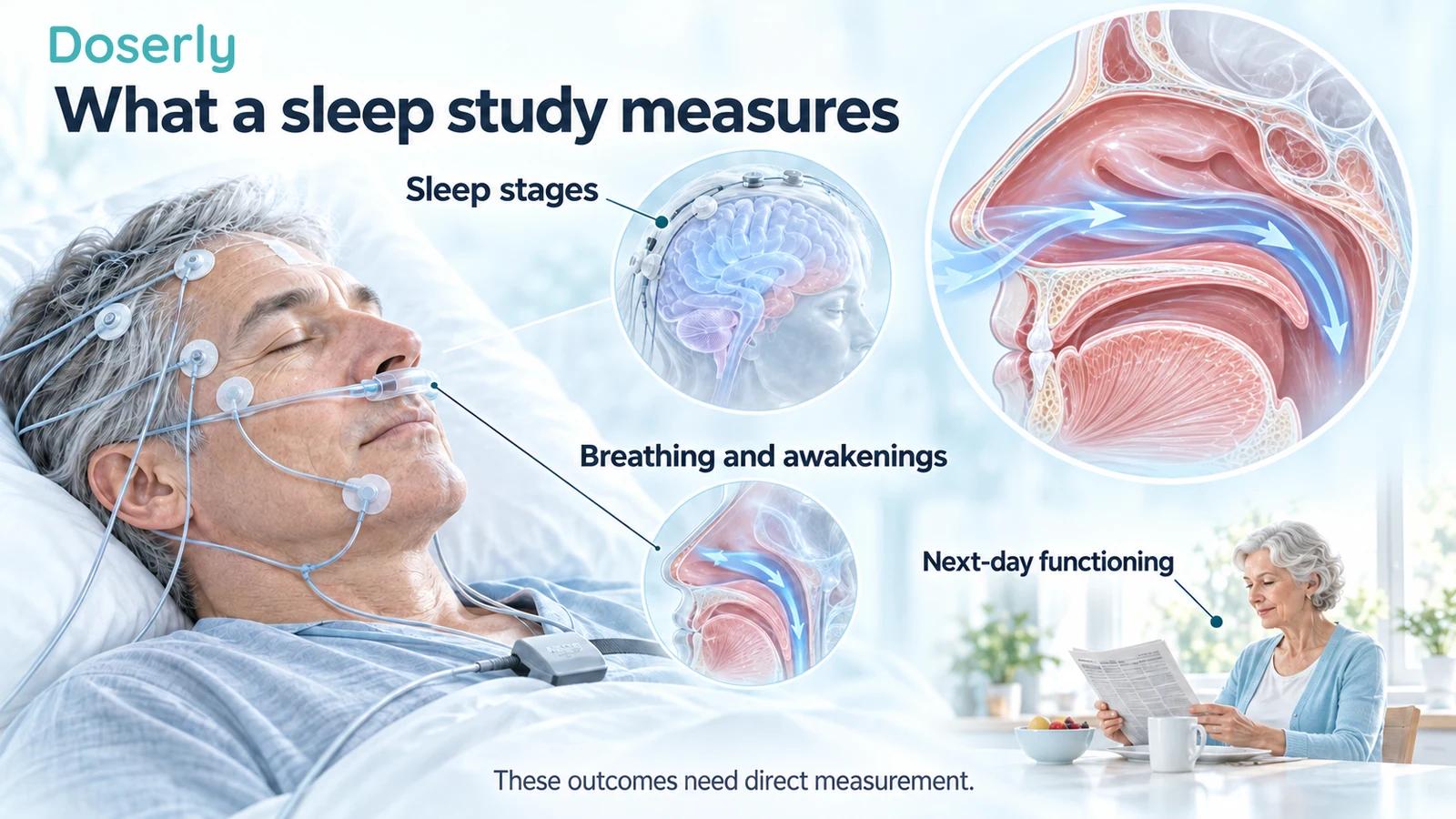 Sleep laboratory sensors, an airway cutaway and an adult reading the next morning illustrate different sleep outcomes.
