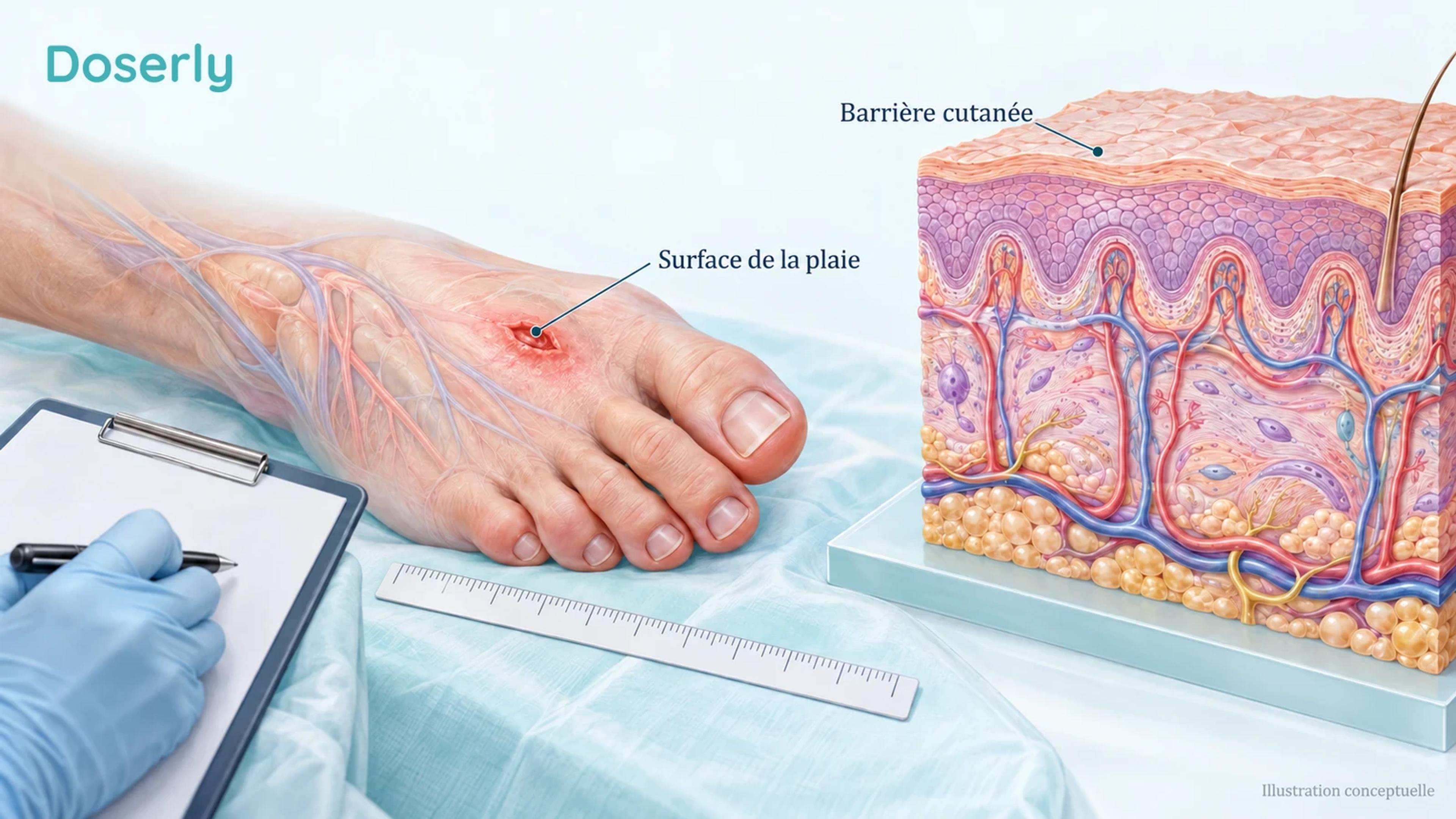 Un seul modèle conceptuel de plaie se trouve à côté d’une règle de mesure clinique et d’un échantillon pédagogique de peau intacte, sans flèches avant-après.