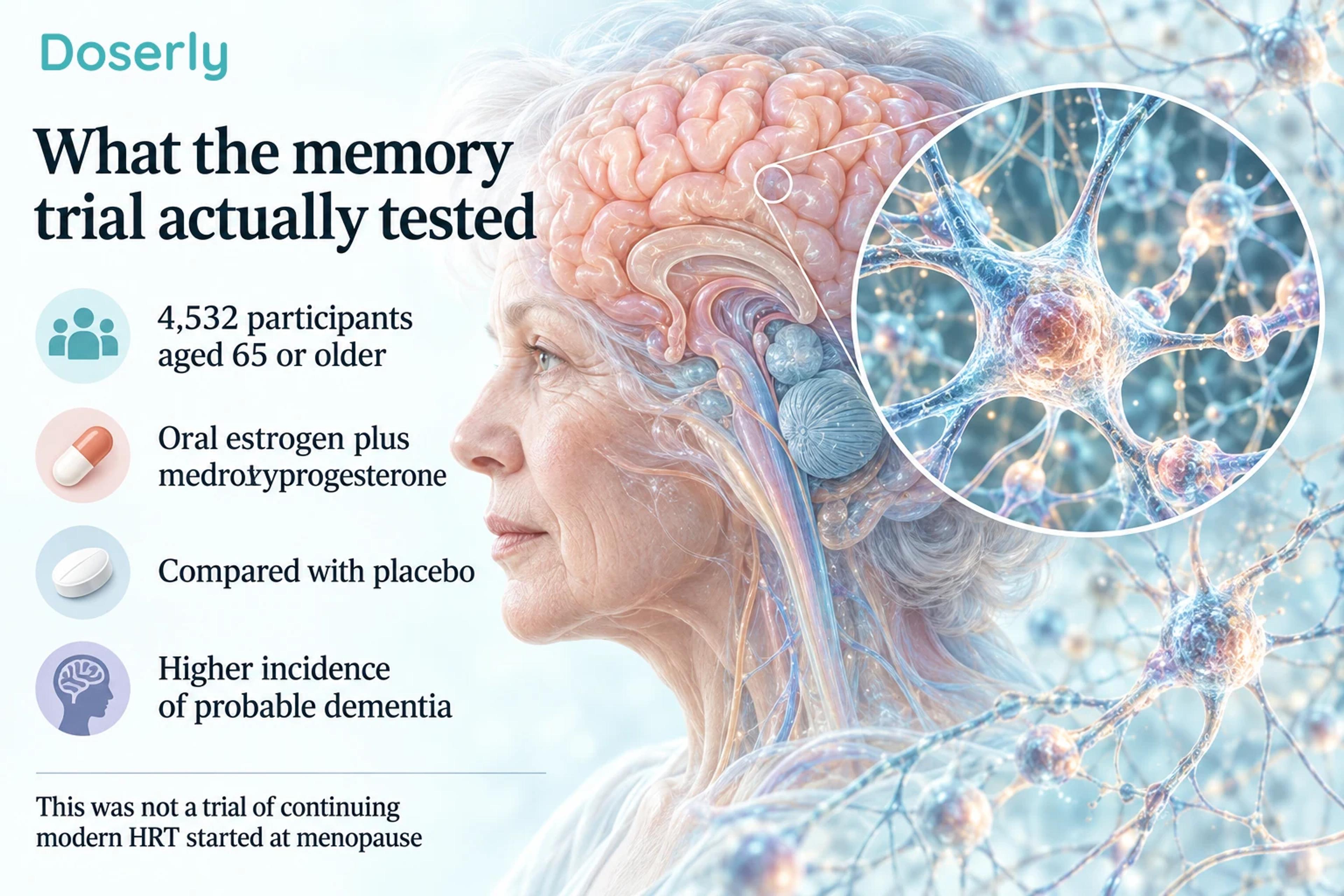 Brain and neuron illustrations accompany the population, treatment and finding of the WHIMS memory trial.