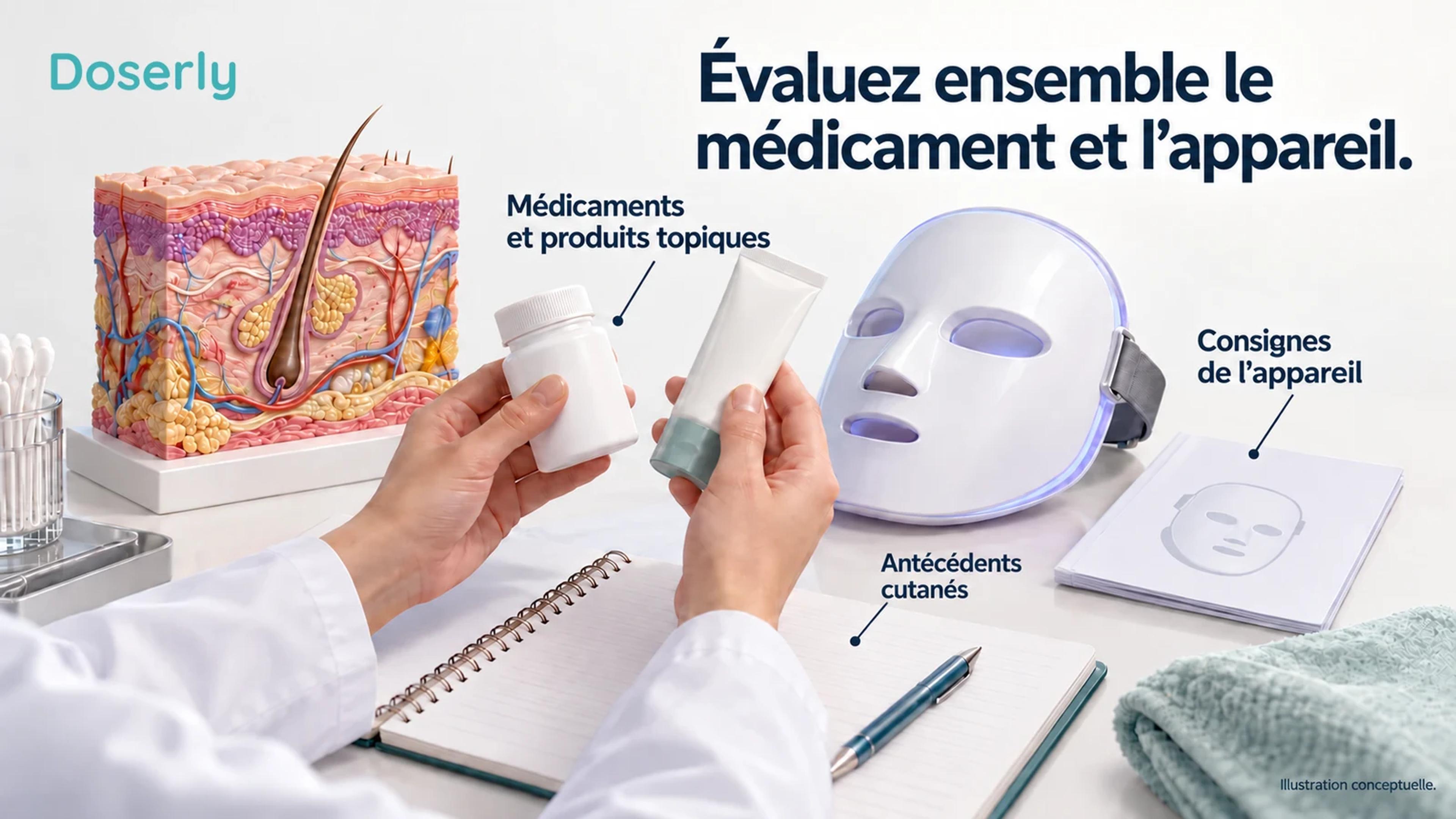 Des contenants de médicaments, un tube de crème, un manuel d’appareil et un modèle pédagogique de la peau illustrent l’évaluation conjointe des produits.