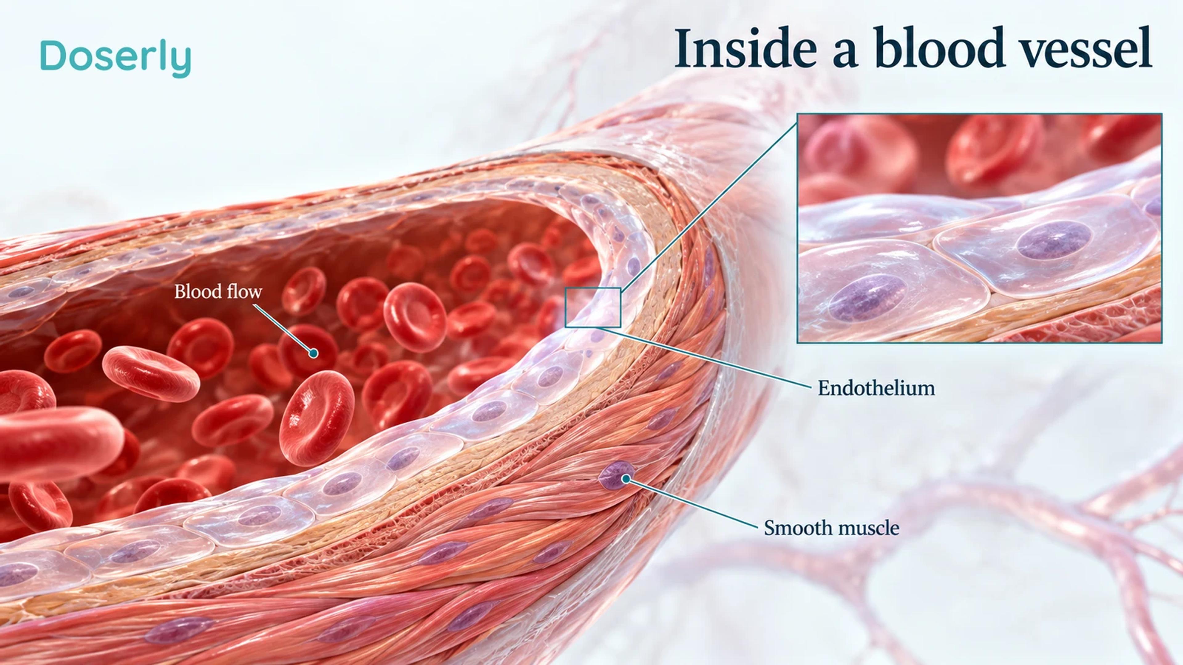 Magnified artery and endothelial layer with conceptual flow and vessel relaxation, without measured results.