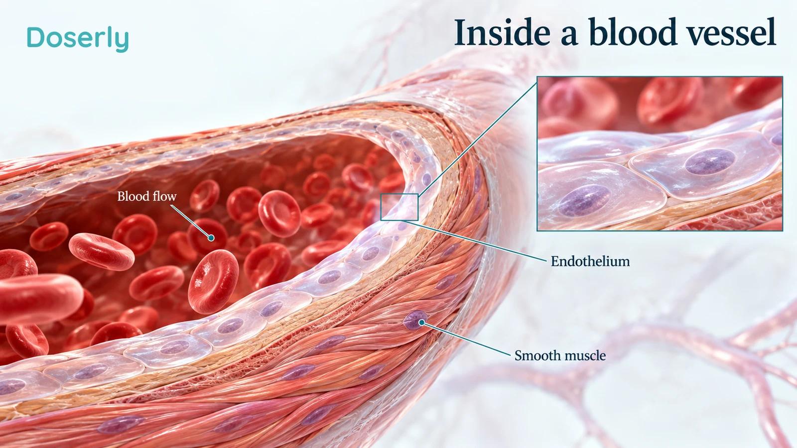 Magnified artery and endothelial layer with conceptual flow and vessel relaxation, without measured results.