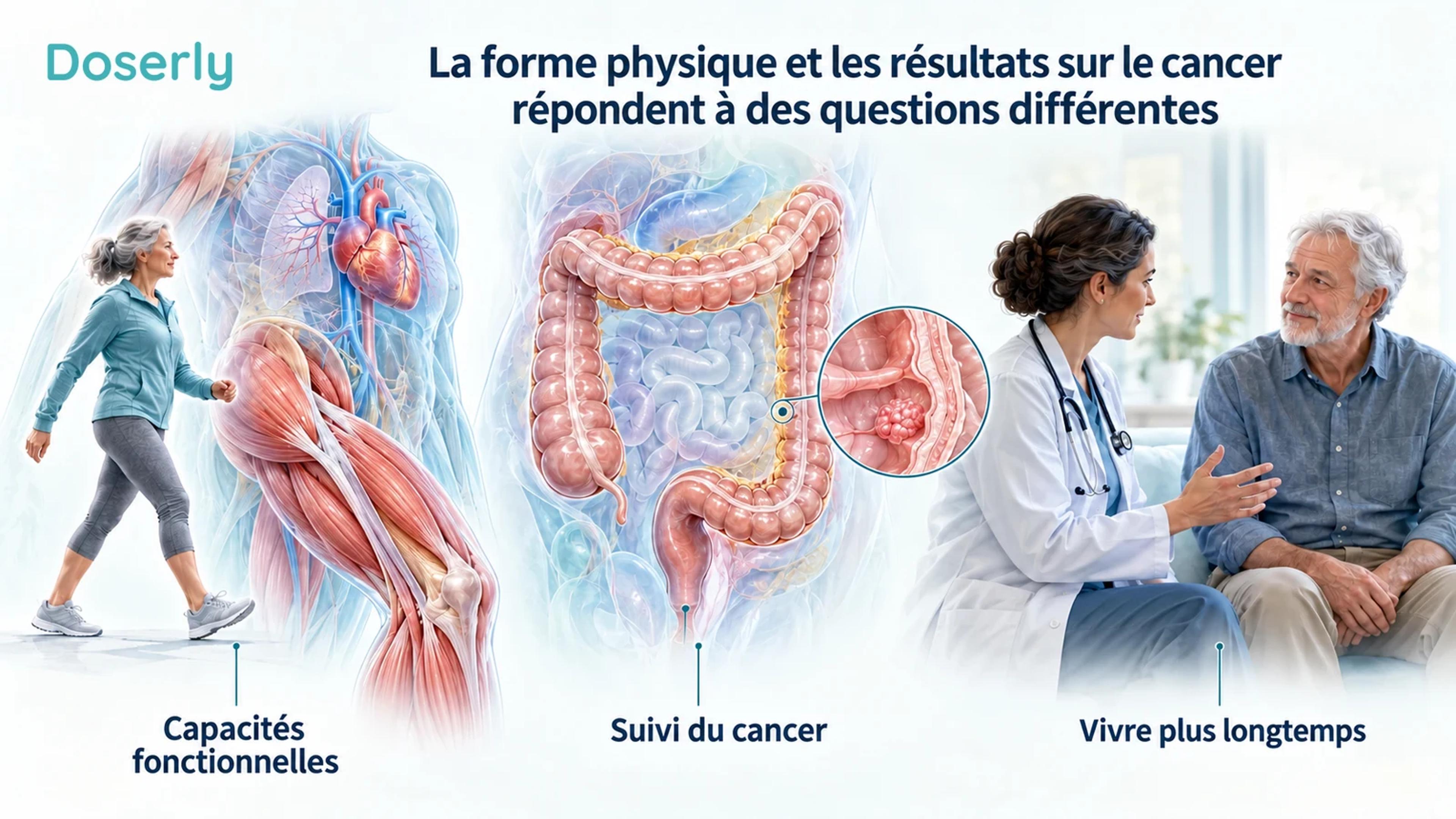 Des scènes conceptuelles distinctes montrent les capacités physiques, le suivi du cancer et le résultat plus large de vivre plus longtemps.