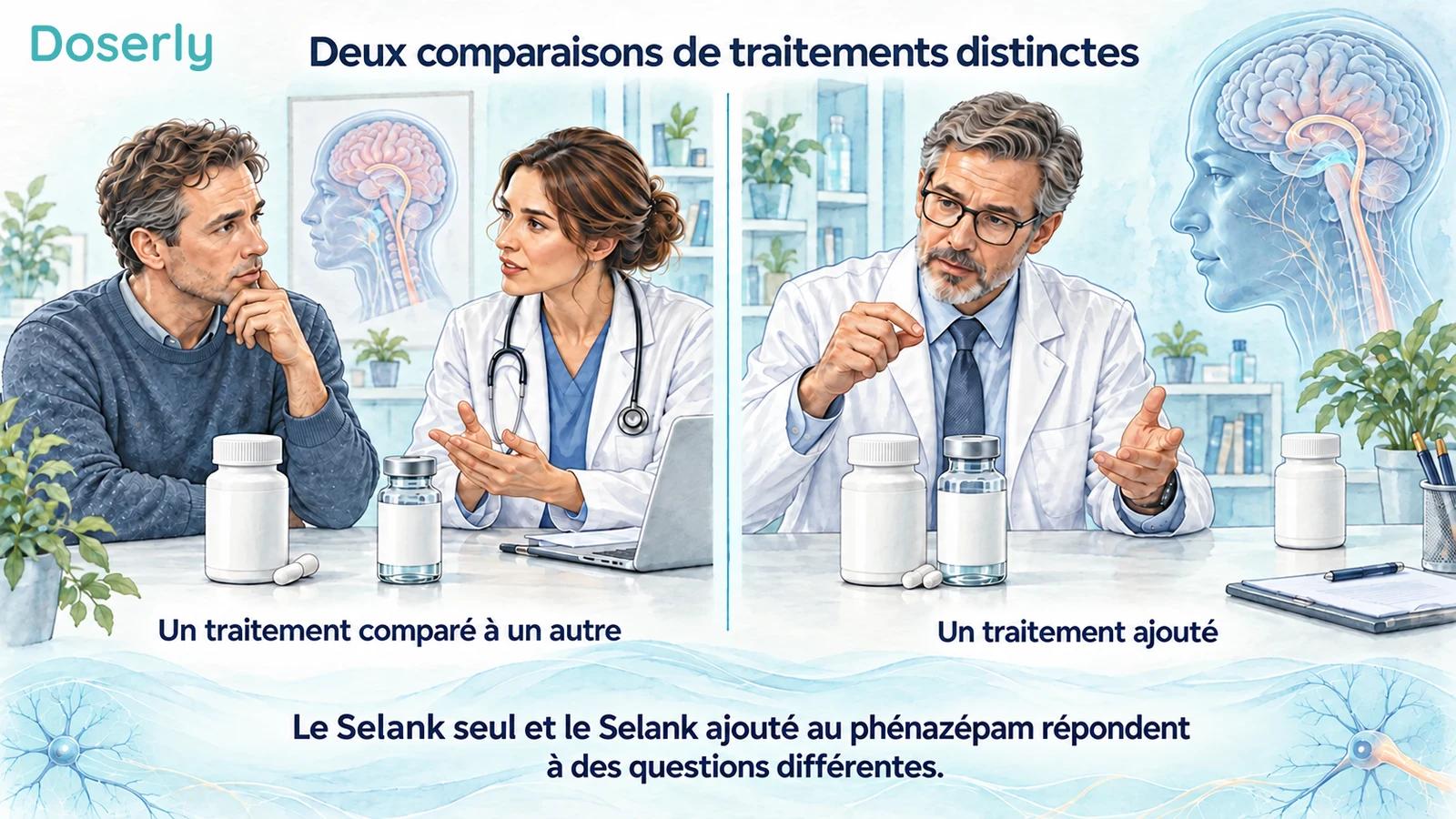 Des scènes cliniques illustrées distinctes montrent une comparaison de traitements utilisés seuls et une comparaison avec ajout d’un traitement.