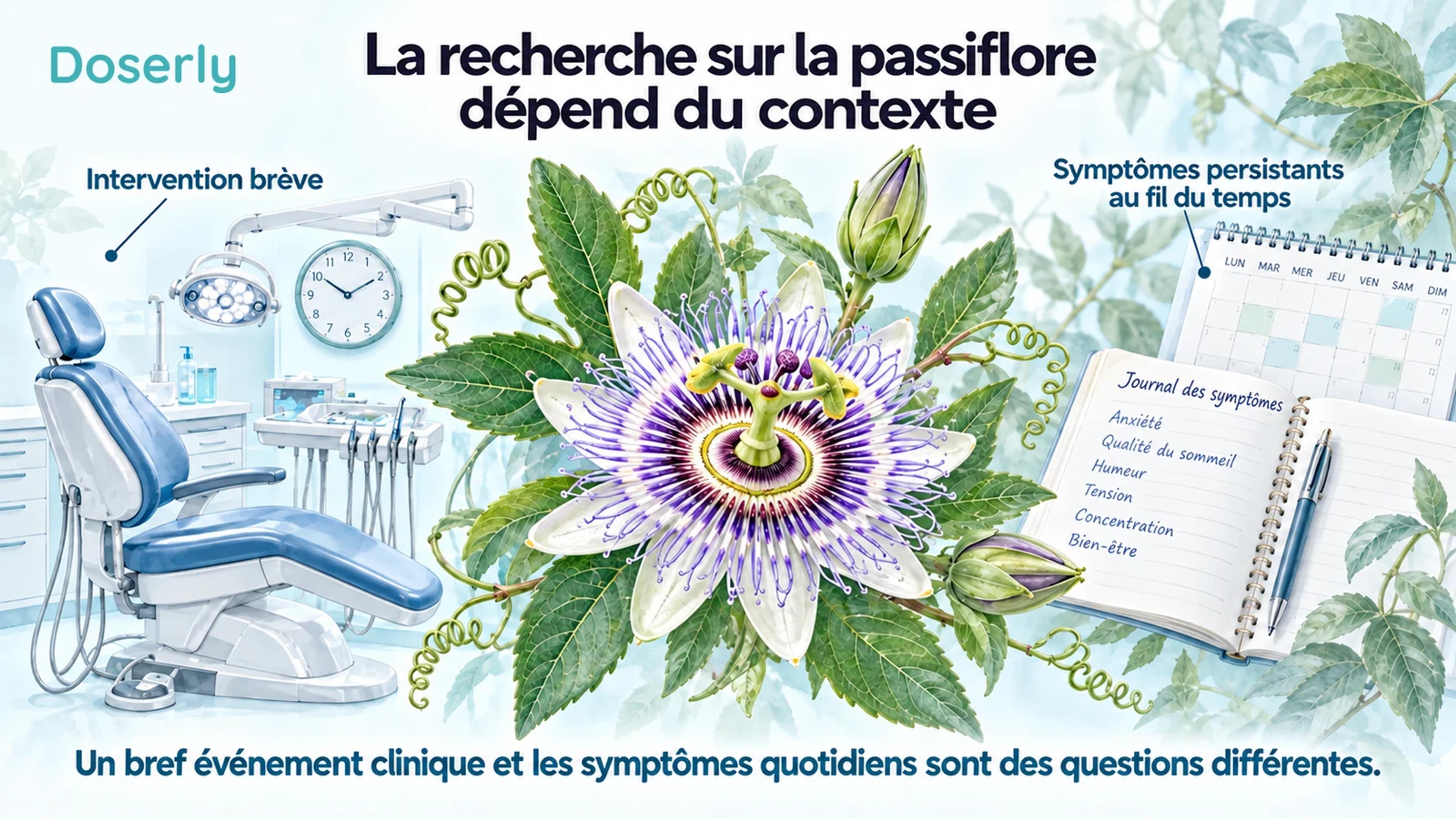 Une illustration de passiflore, de fauteuil dentaire, d’horloge et de journal des symptômes distingue les interventions brèves des symptômes persistants.