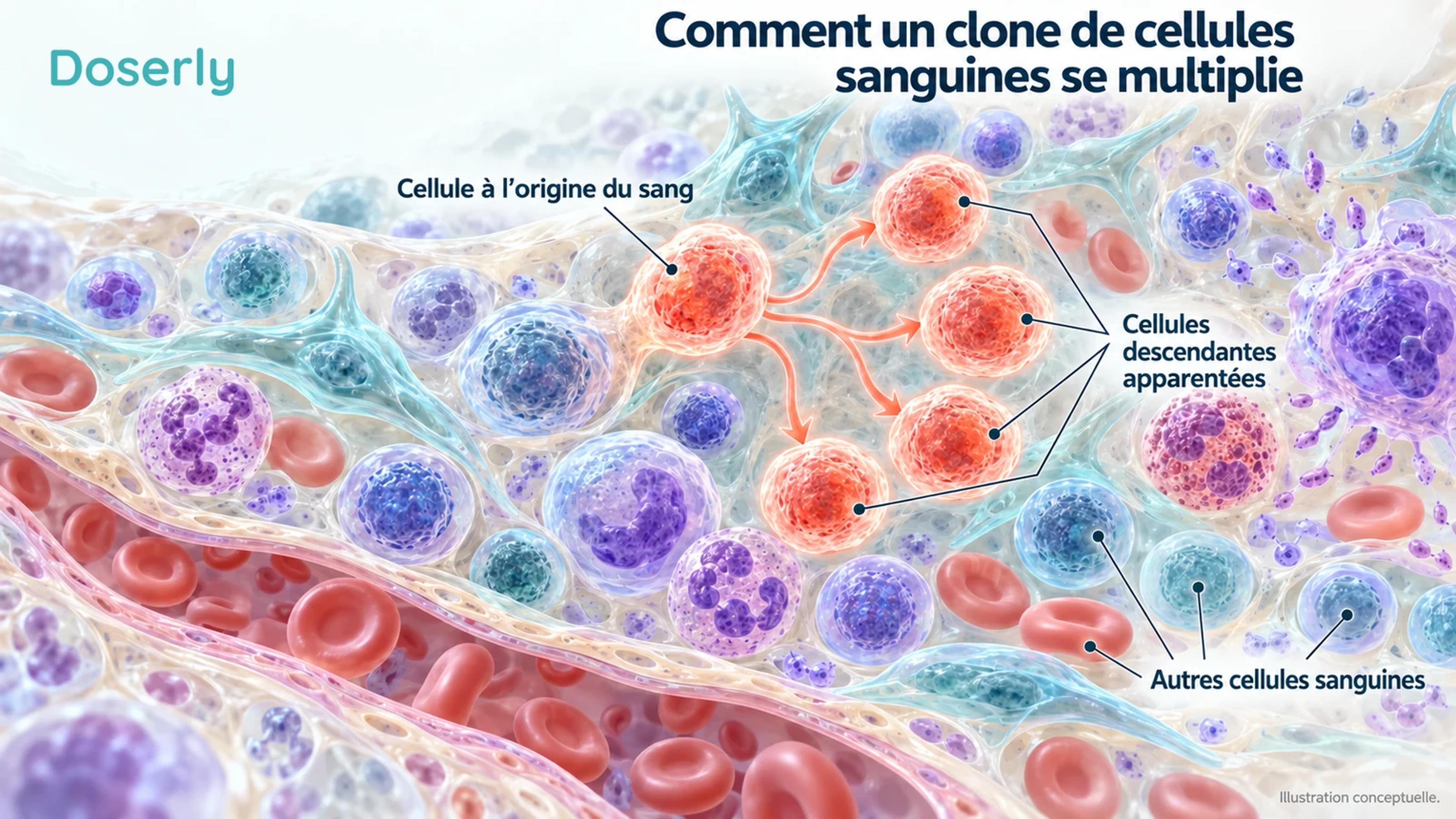 Des cellules à l’origine du sang et un groupe de cellules descendantes apparentées mis en évidence illustrent l’expansion clonale.