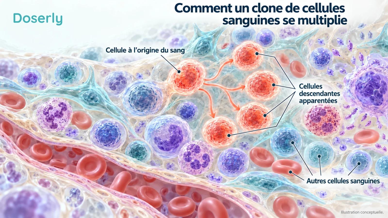 Des cellules à l’origine du sang et un groupe de cellules descendantes apparentées mis en évidence illustrent l’expansion clonale.