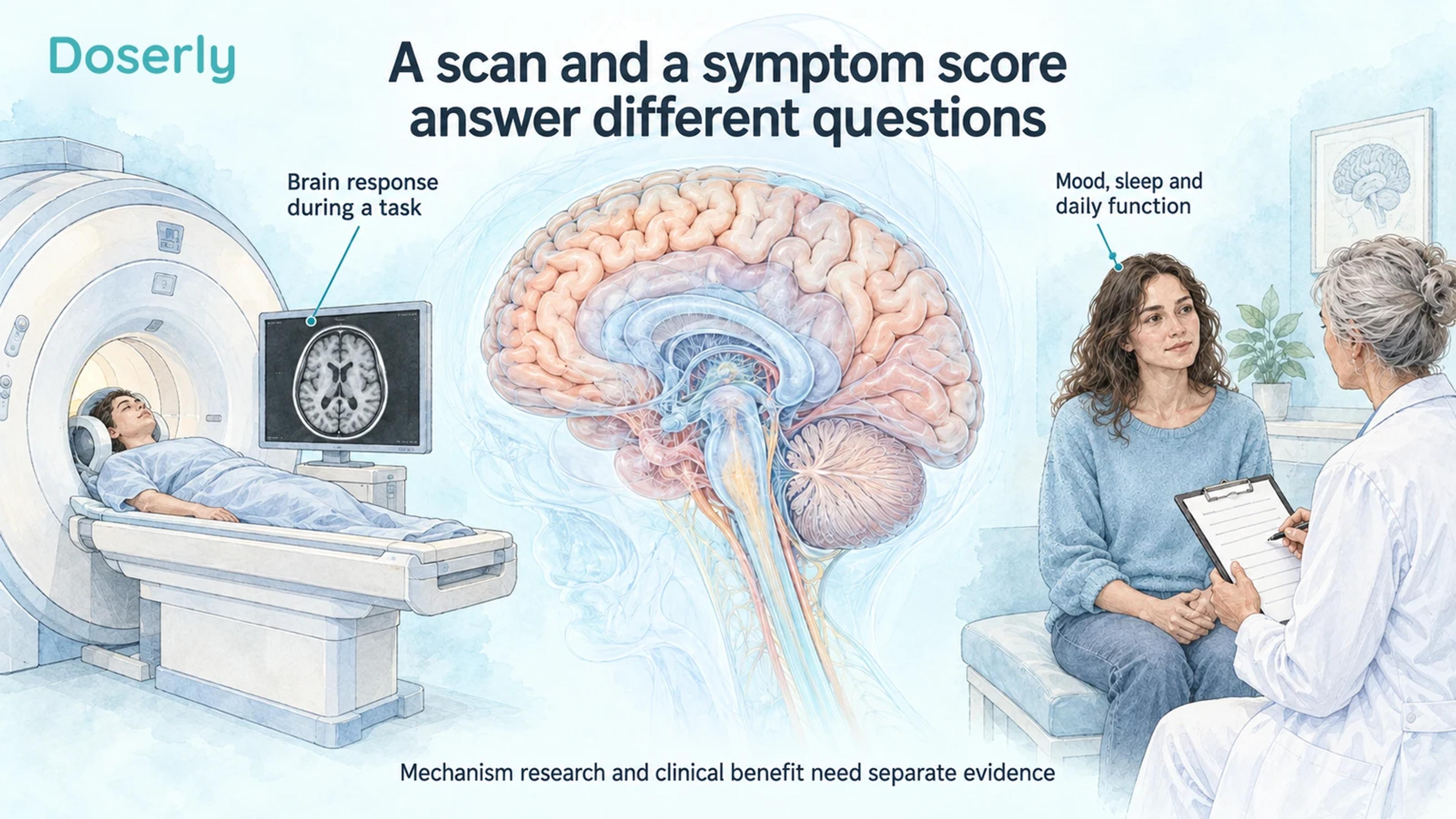 An illustrated brain scan and clinical conversation around a detailed brain, distinguishing task responses from mood, sleep, and daily function.