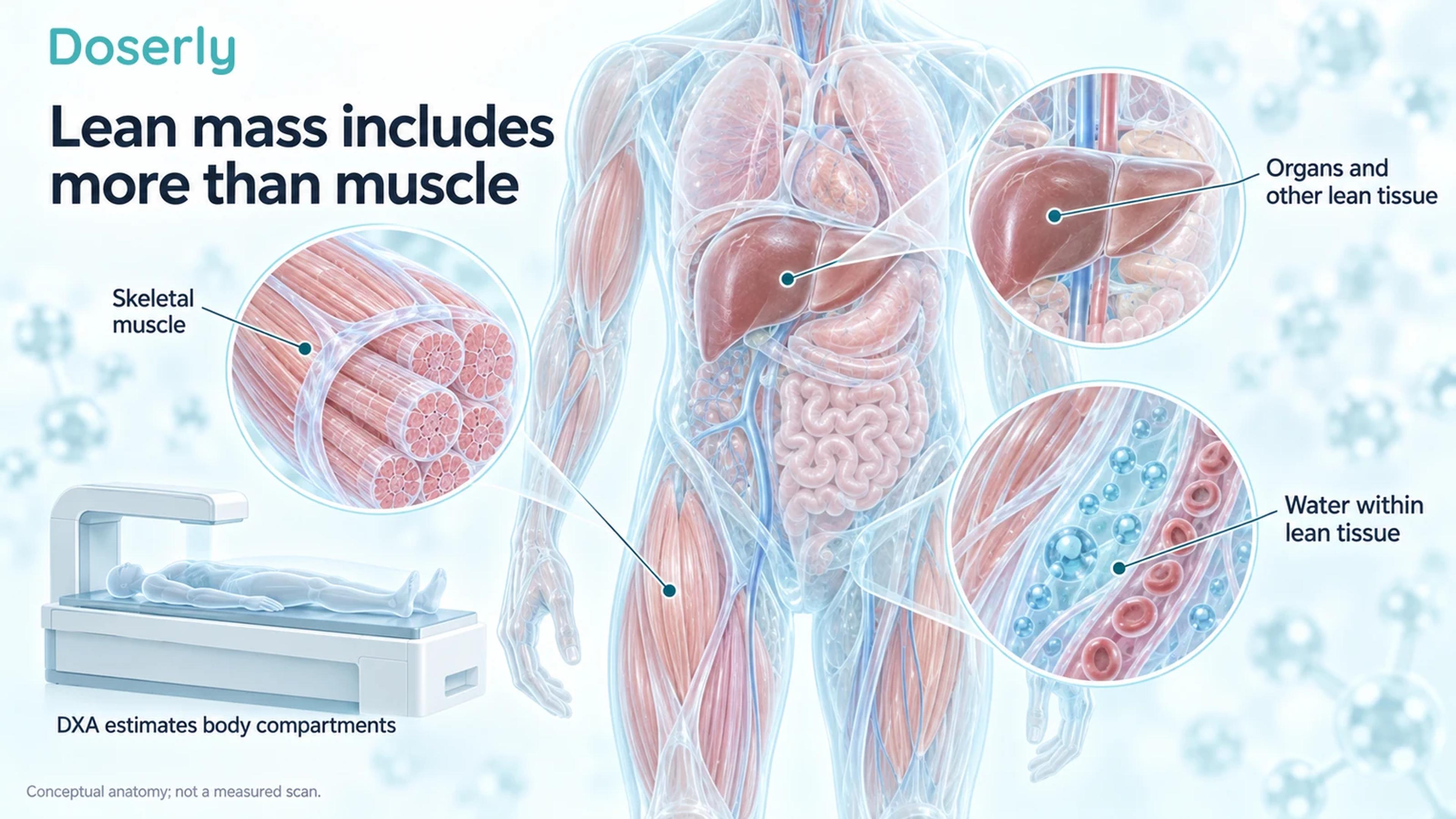 A translucent human torso with skeletal muscle, organ and tissue-water insets beside a conceptual DXA scanner.