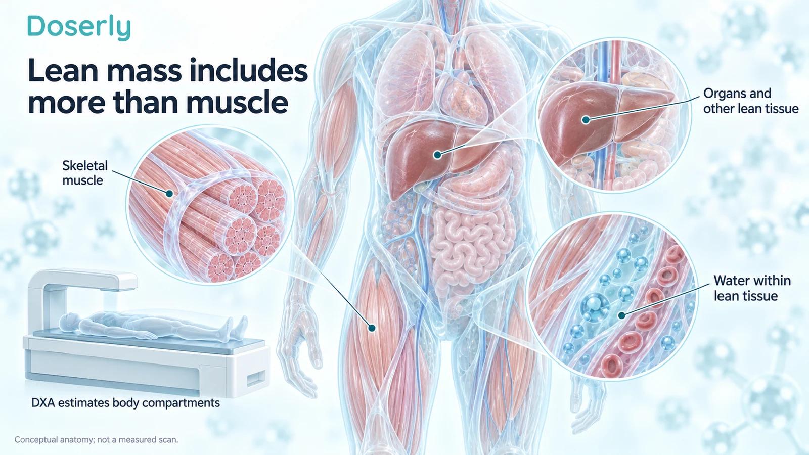 A translucent human torso with skeletal muscle, organ and tissue-water insets beside a conceptual DXA scanner.