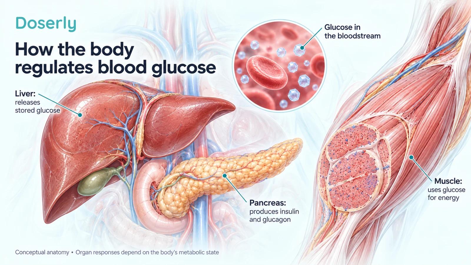 Detailed liver, pancreas and skeletal-muscle anatomy showing their roles in blood glucose regulation.