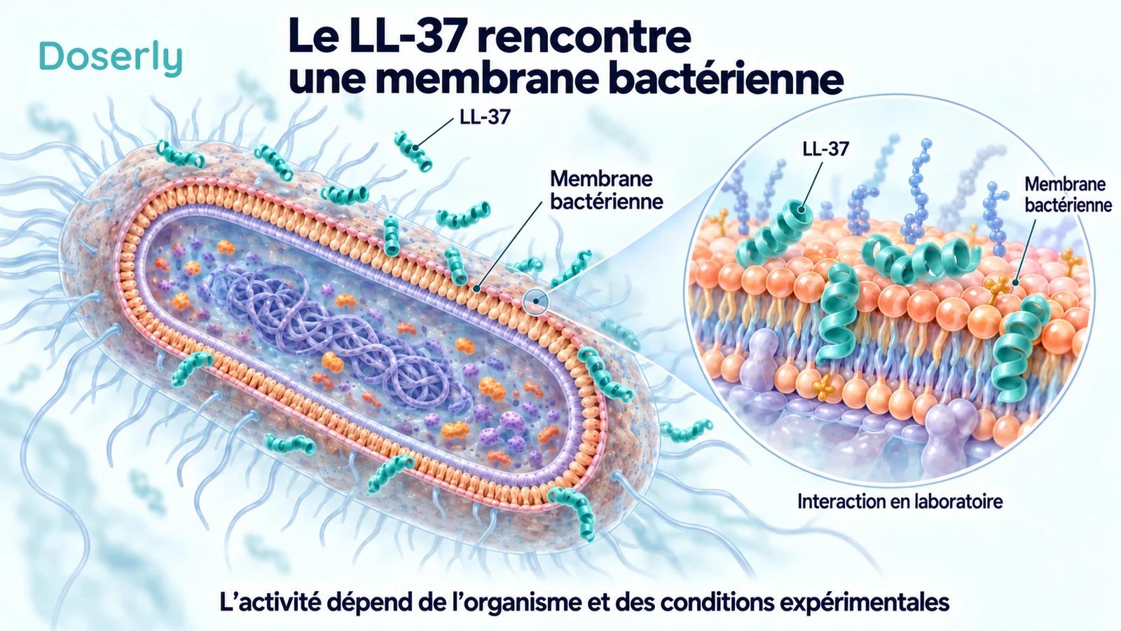 Une bactérie schématique et une membrane lipidique agrandie montrent le LL-37 interagissant avec la surface de la membrane.