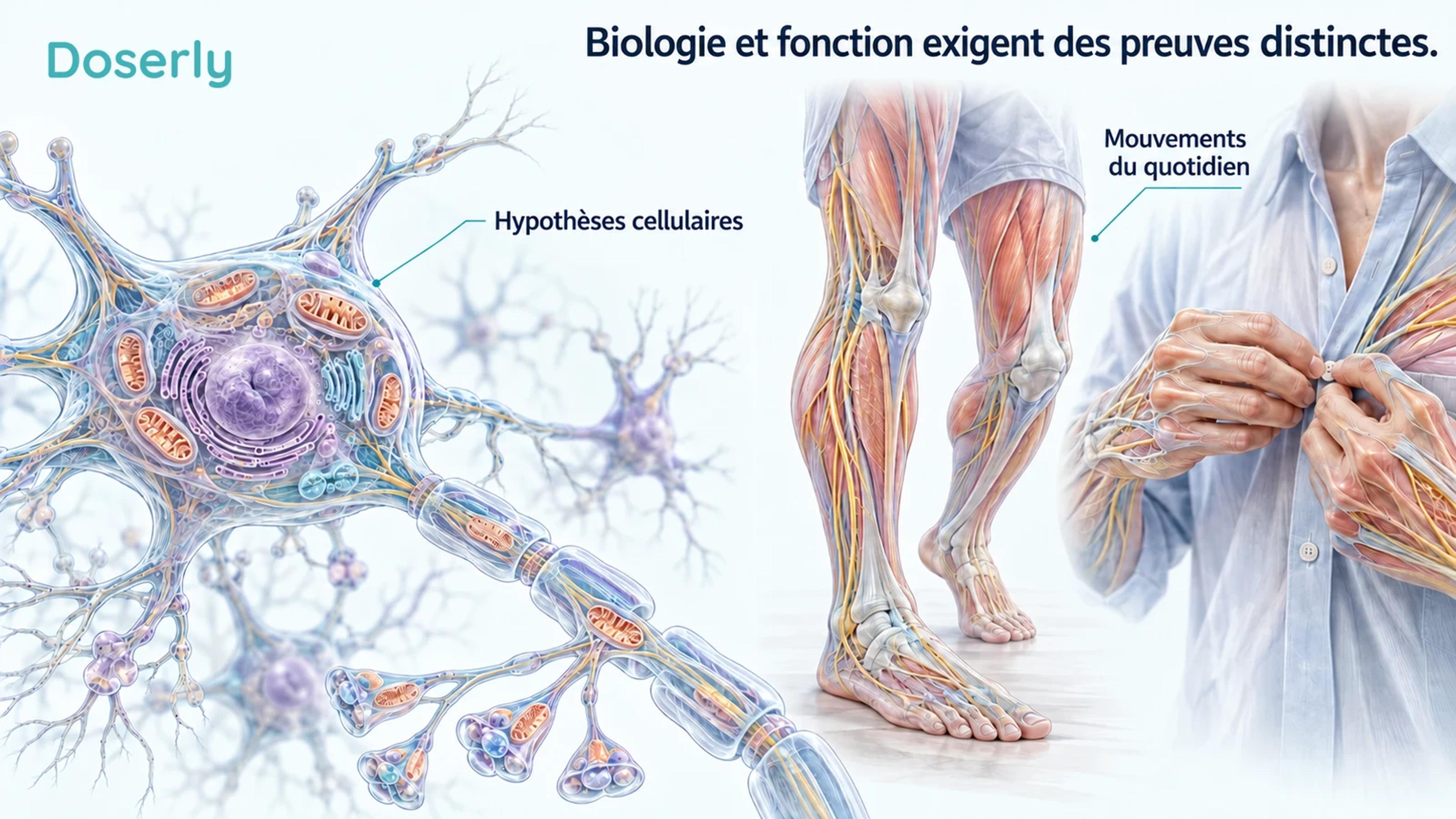 Coupe conceptuelle d’un neurone avec des mitochondries intactes, à côté d’une séquence continue de mouvements du quotidien, séparées sans flèche causale.