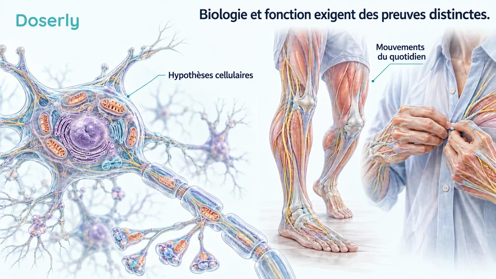 Coupe conceptuelle d’un neurone avec des mitochondries intactes, à côté d’une séquence continue de mouvements du quotidien, séparées sans flèche causale.