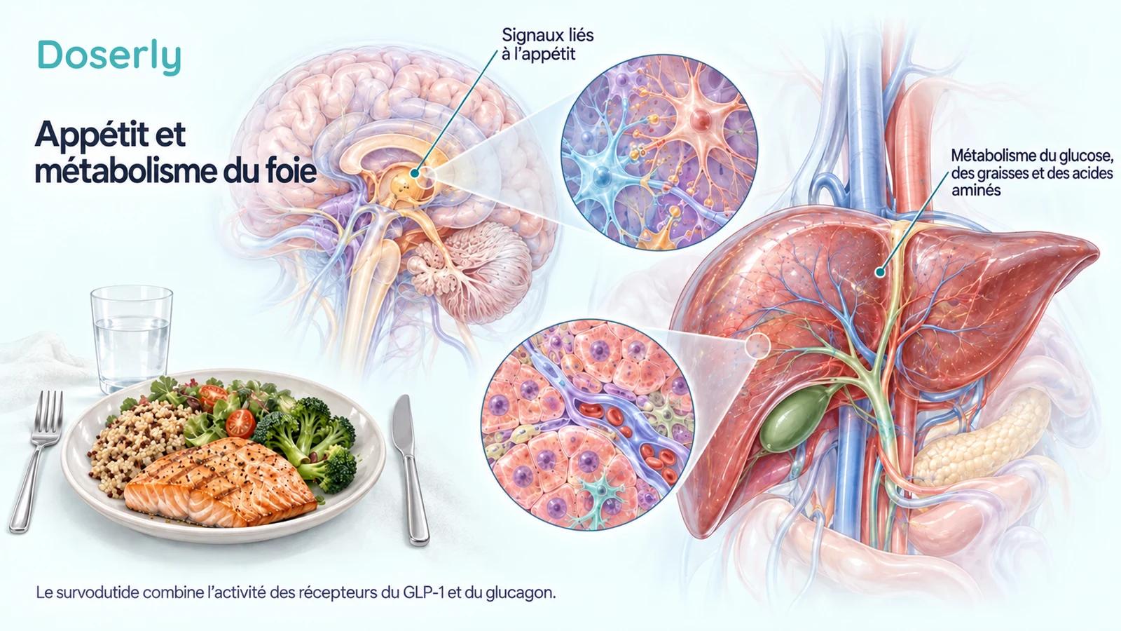 Anatomie détaillée du cerveau et du foie à côté d’un repas, expliquant les signaux de l’appétit et le métabolisme des nutriments dans le foie.