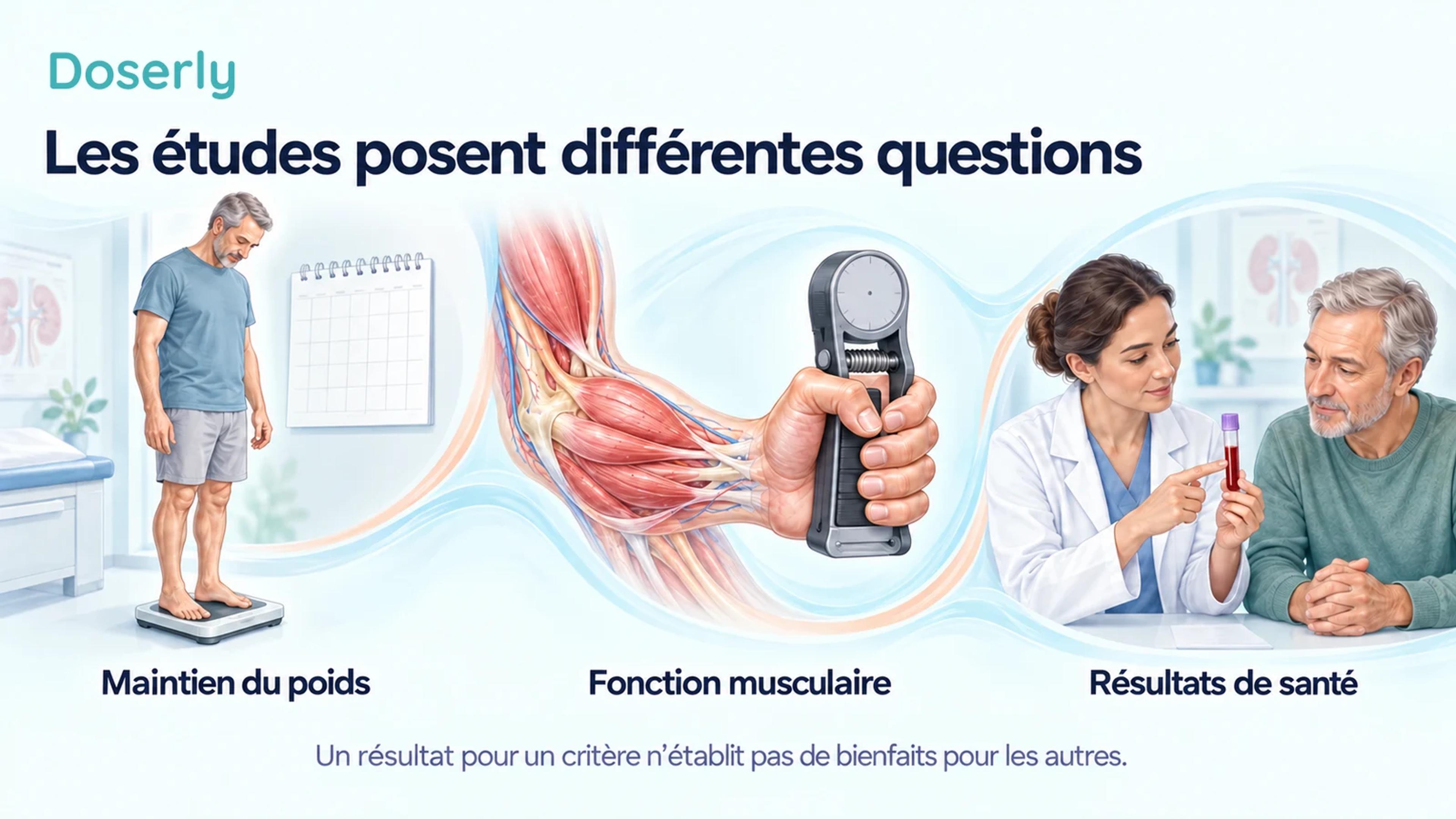 Un suivi du poids, une mesure de la force musculaire et une discussion sur des analyses de laboratoire clinique illustrent différentes questions de recherche.