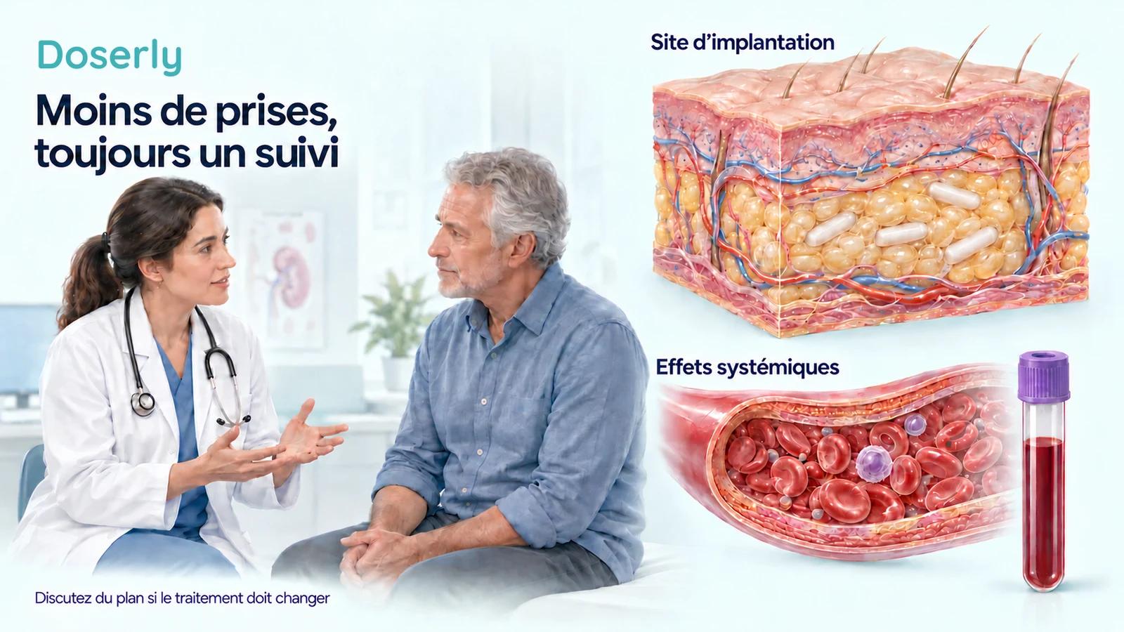 Un clinicien discute du suivi avec un patient à côté d’illustrations détaillées d’un dépôt sous la peau et d’un vaisseau sanguin, en mettant l’accent sur la récupération locale et le suivi systémique continu.