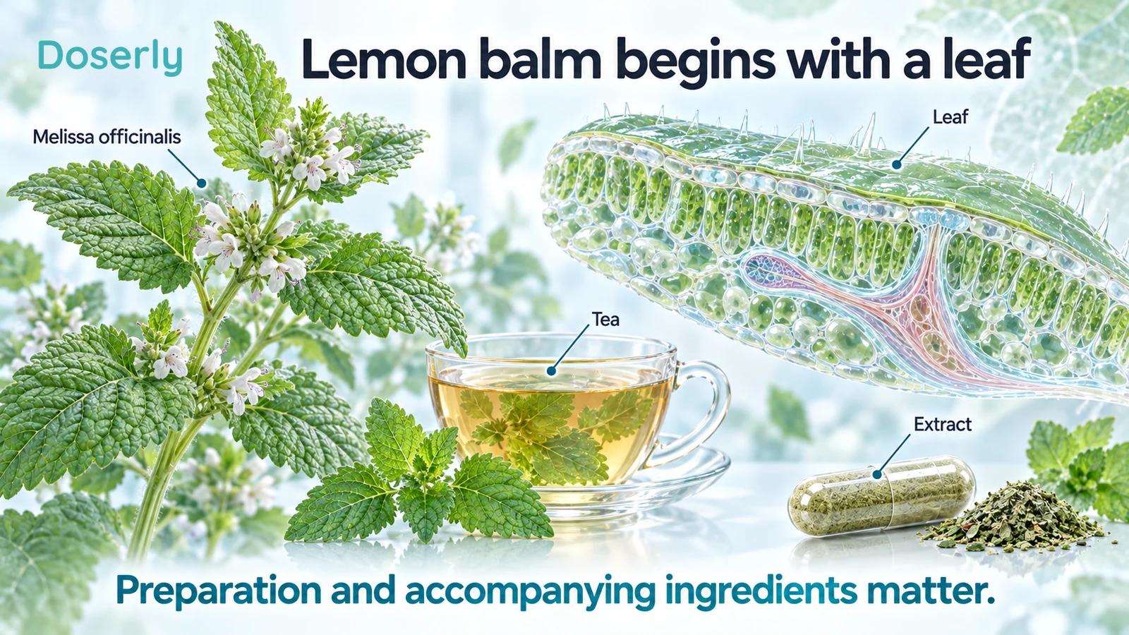 A lemon balm plant and magnified leaf tissue accompany tea and an extract capsule.