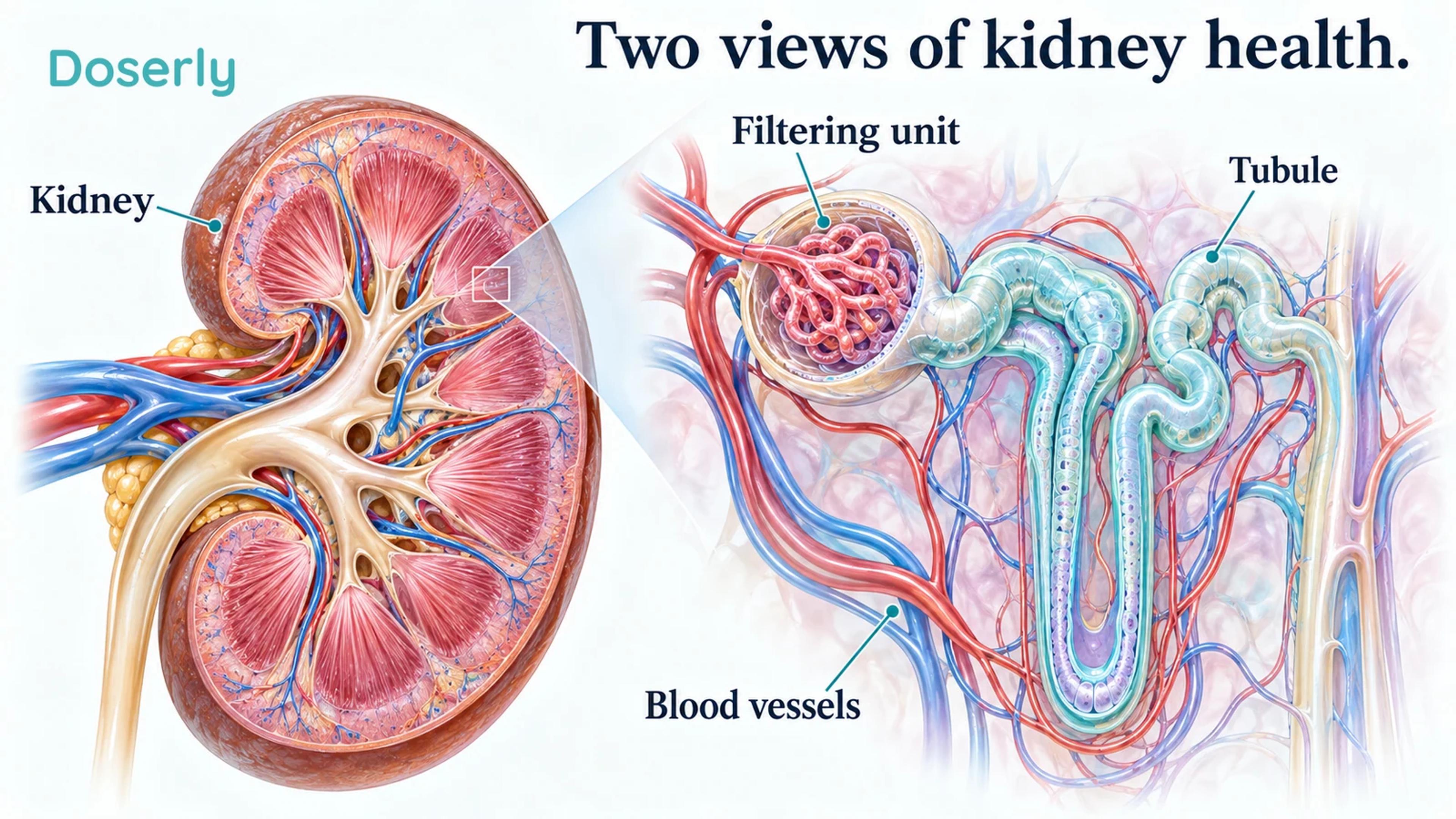 A kidney and enlarged nephron show filtration structures, nearby blood vessels and a tubule.