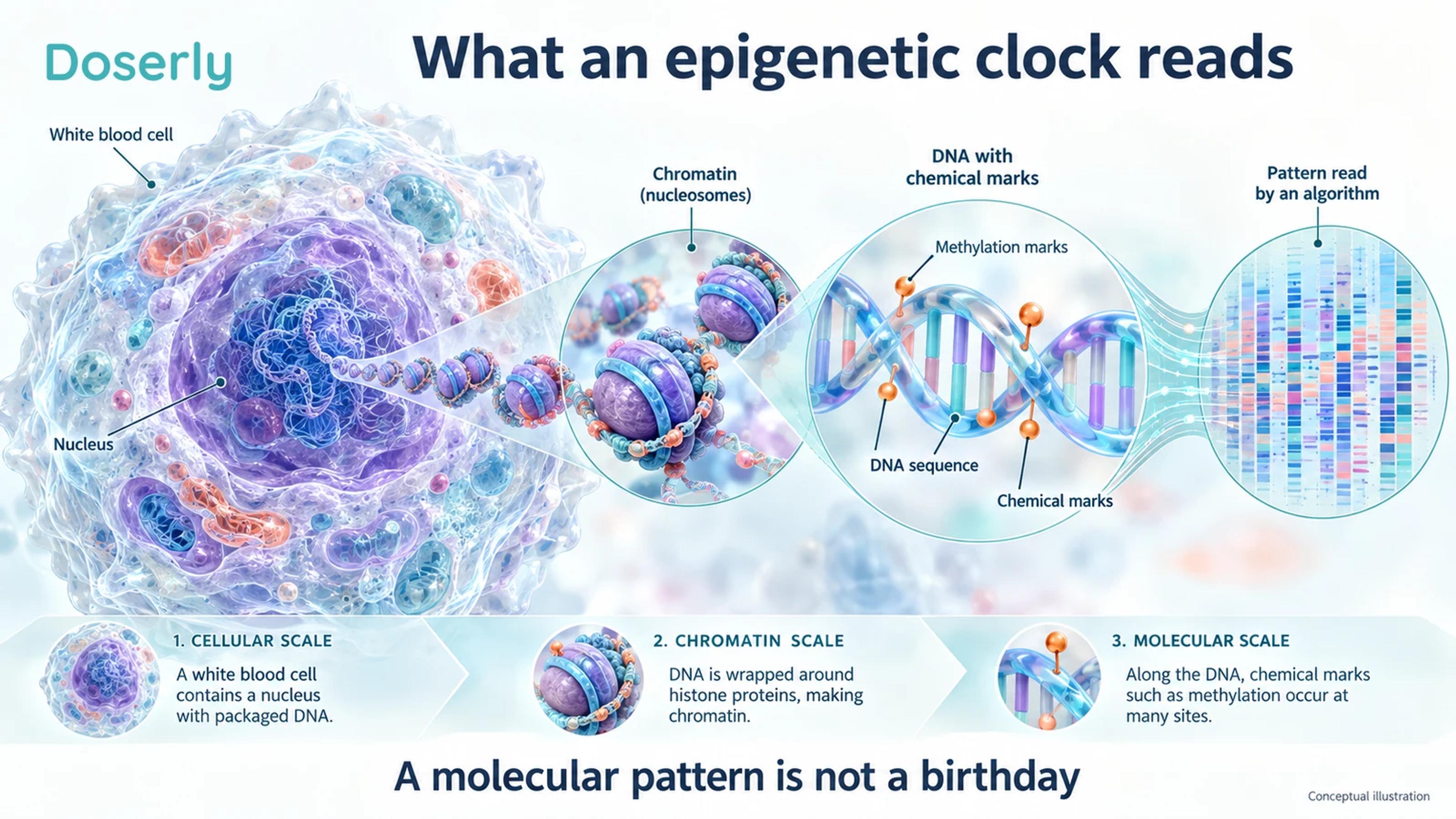 A white blood cell, chromatin and schematic methylation marks leading to an algorithmic pattern