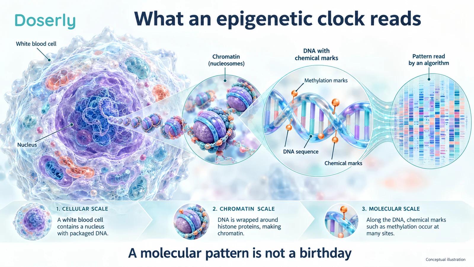 A white blood cell, chromatin and schematic methylation marks leading to an algorithmic pattern