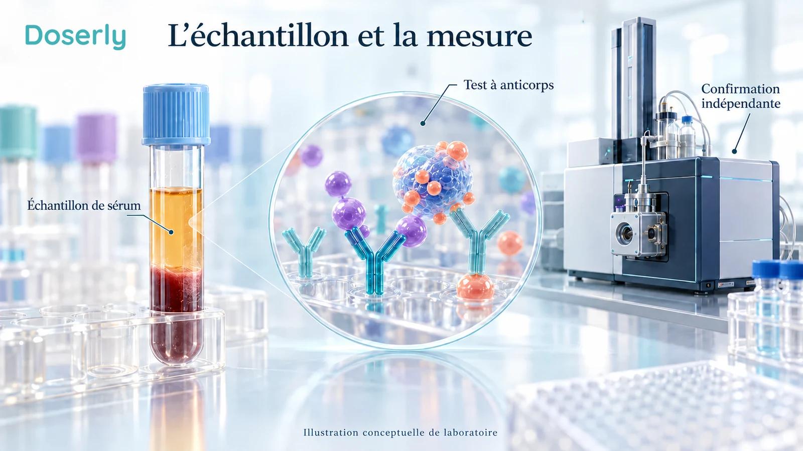 Un tube de sérum, un test conceptuel à anticorps et un appareil distinct de spectrométrie de masse illustrent les étapes de la mesure de testostérone.