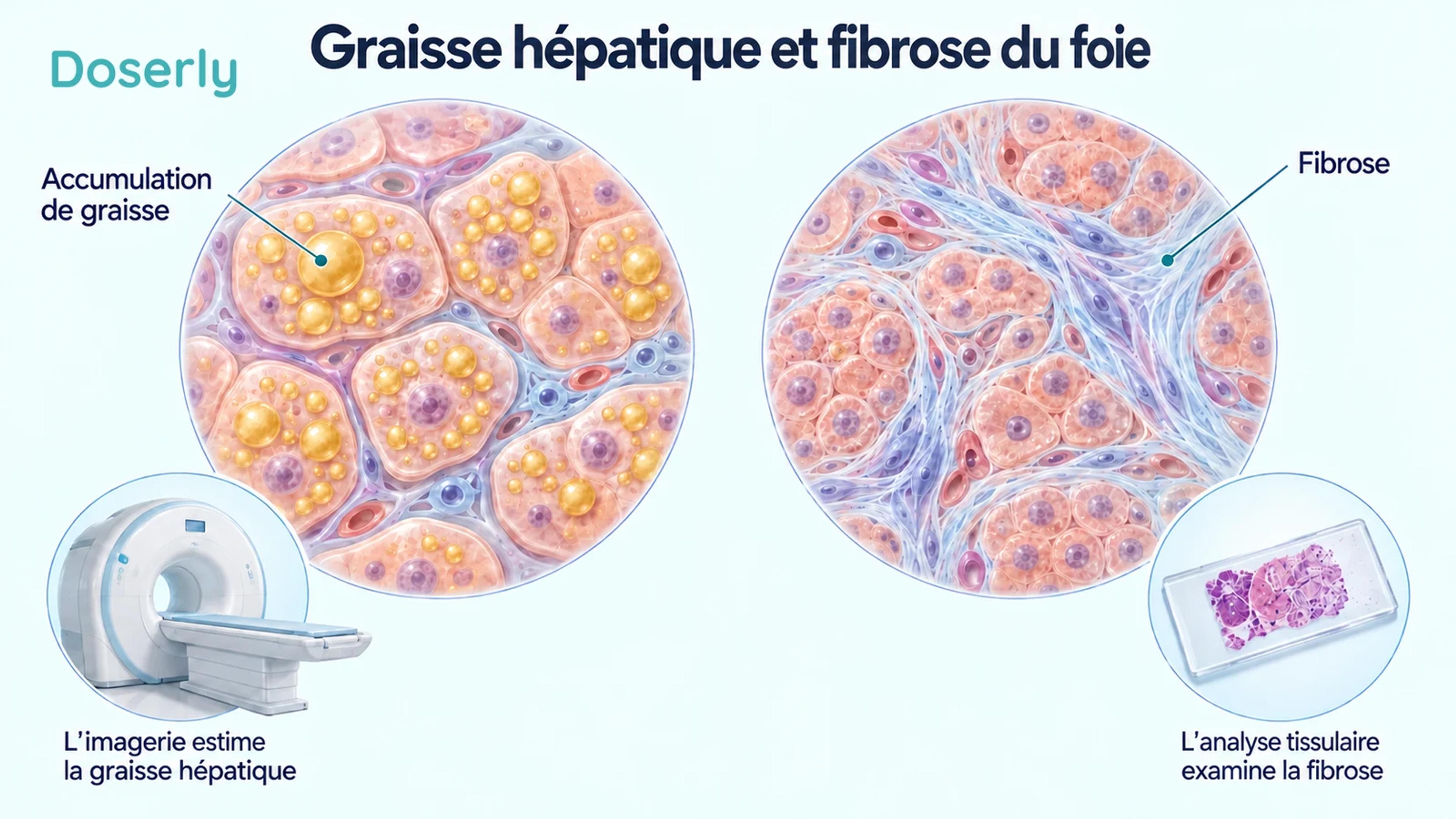 Illustrations microscopiques distinctes du foie montrant une accumulation de graisse intracellulaire et des fibres de collagène associées à la fibrose