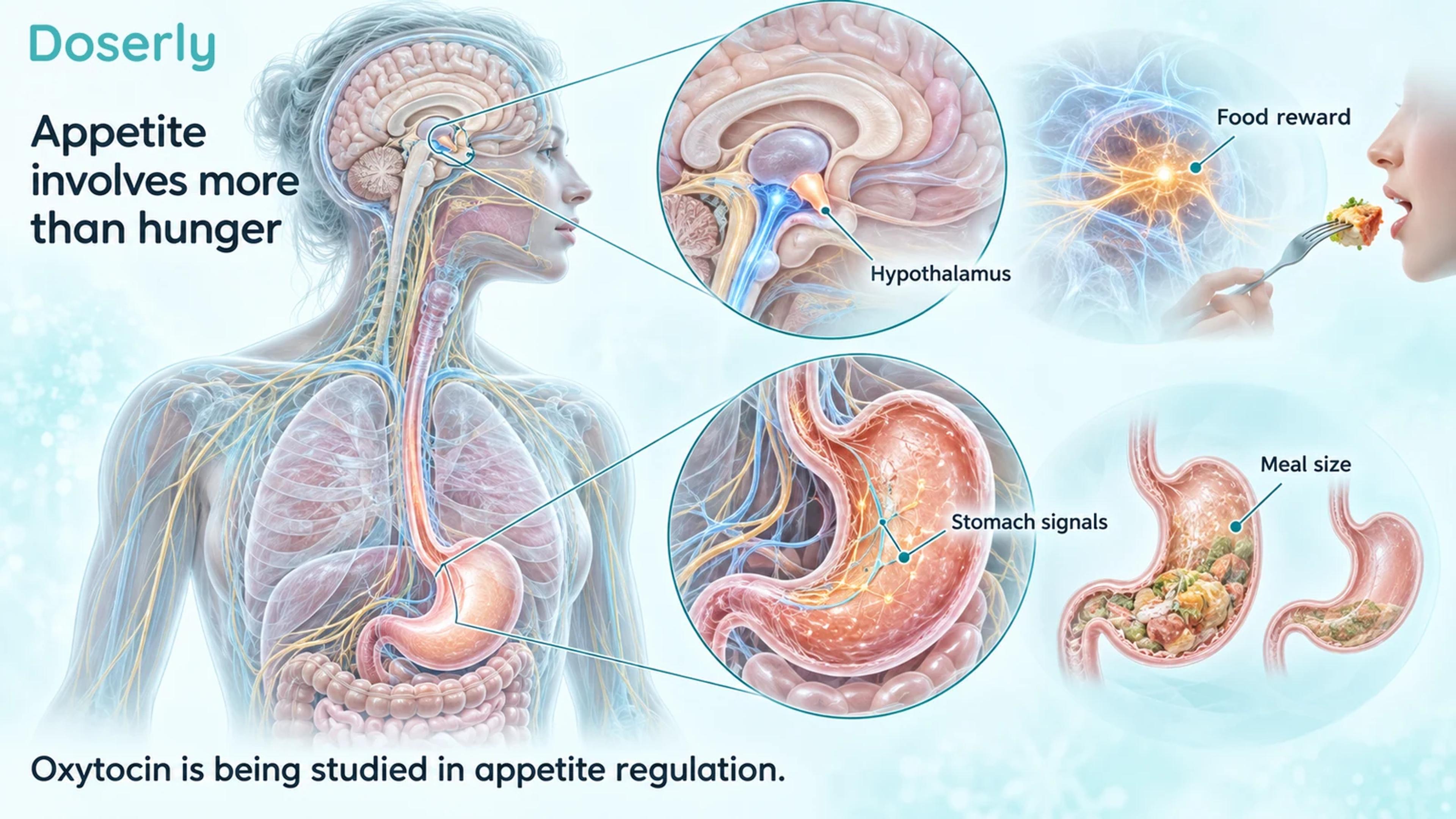 Brain and stomach anatomy showing the hypothalamus and appetite-related signals.