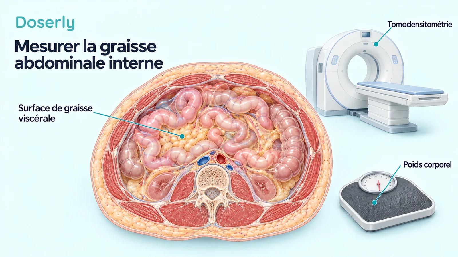Illustration d’un examen de tomodensitométrie avec une coupe abdominale agrandie identifiant la graisse viscérale, à côté d’un pèse-personne distinct