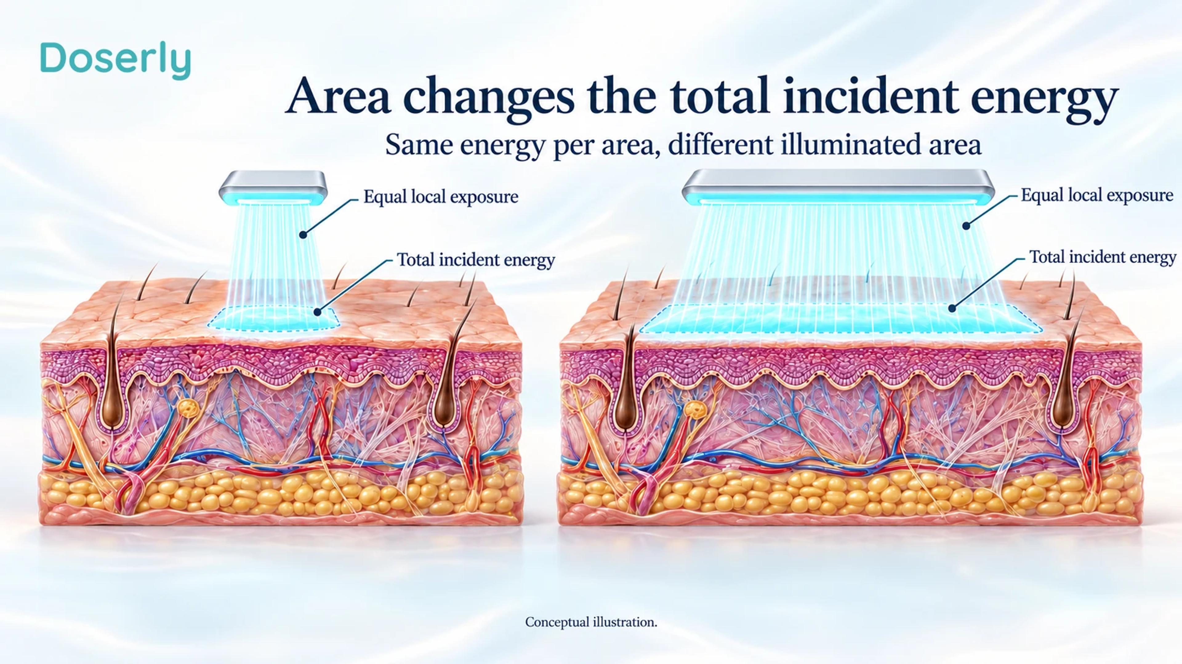 Two conceptual receiving surfaces of different areas illustrate the distinction between total energy and energy per area.