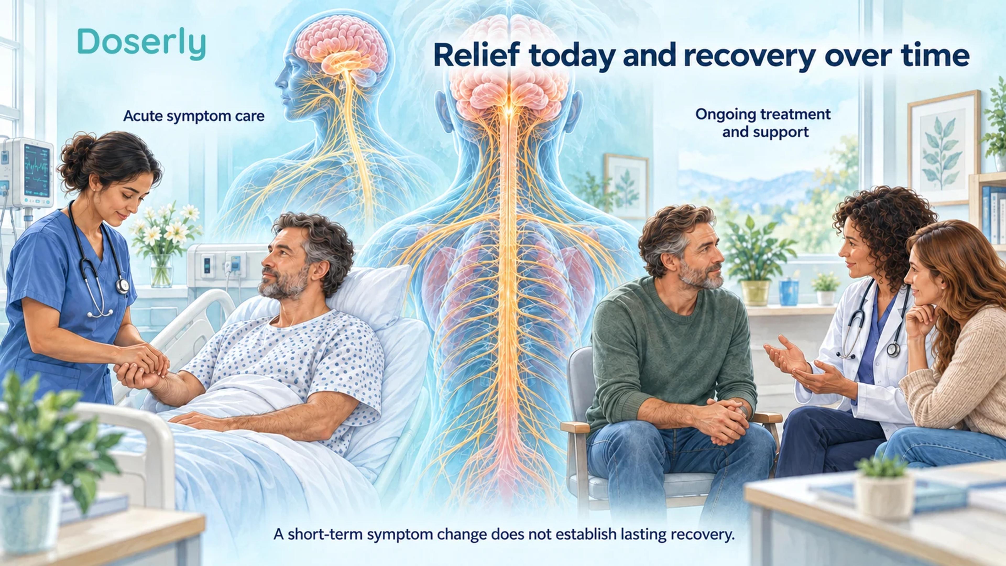 Acute clinical monitoring and a separate outpatient support consultation with conceptual nervous-system anatomy.