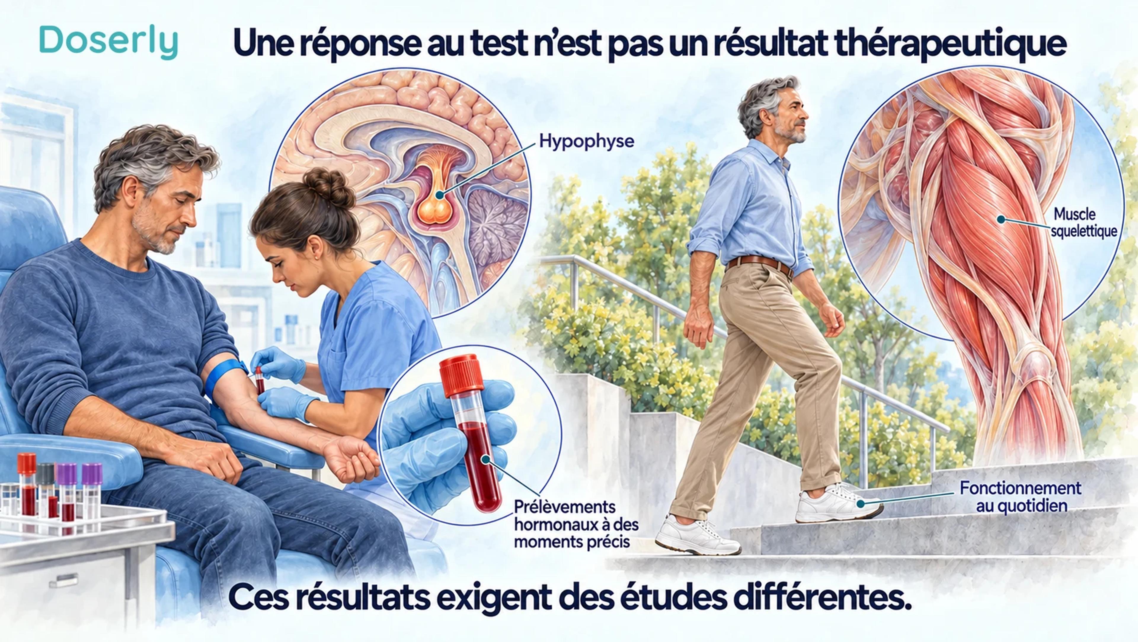 Une scène clinique de prélèvement sanguin à côté d’une scène distincte montrant un adulte dans un escalier.