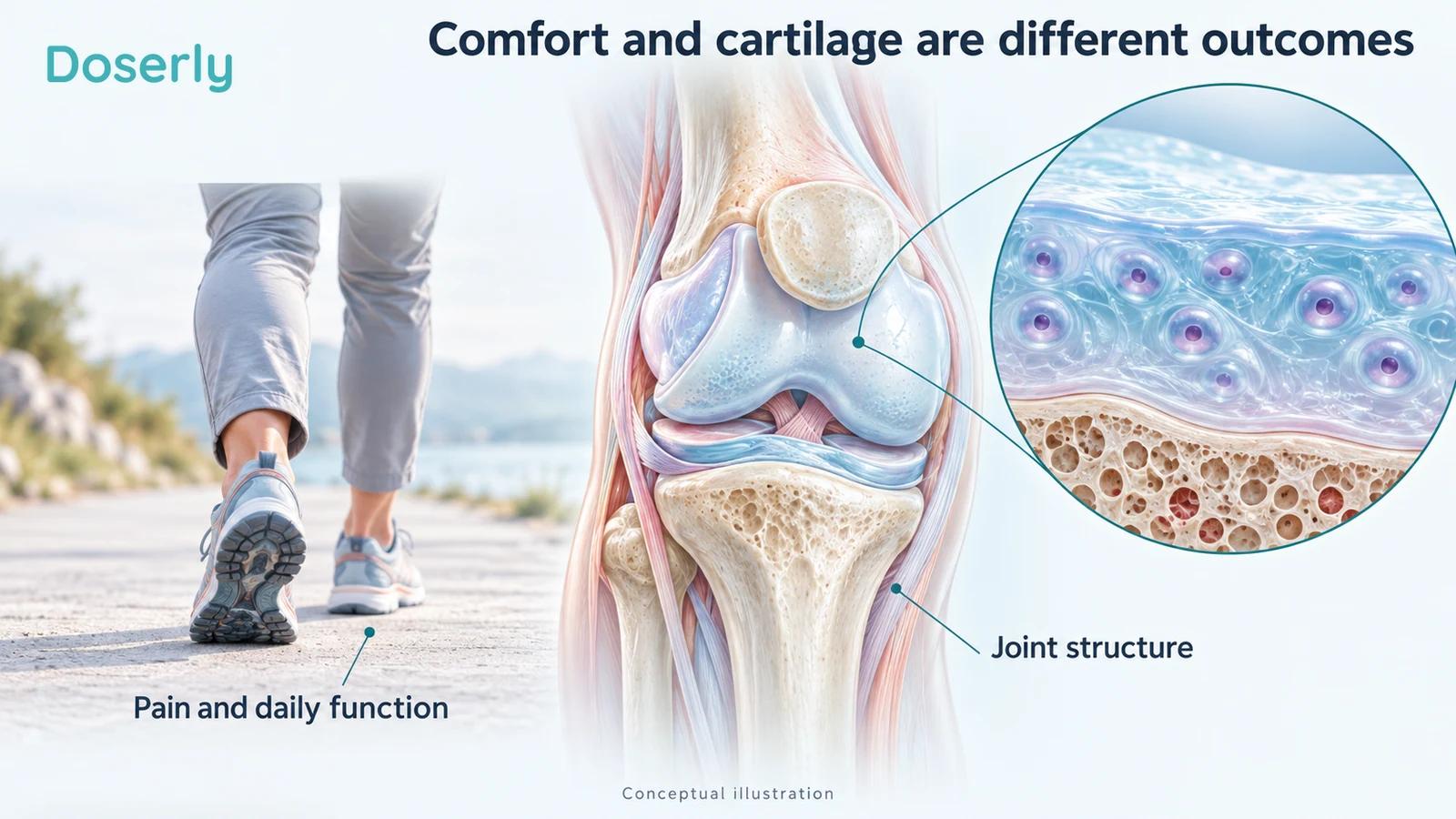 Detailed conceptual knee cartilage and joint lining beside a separate walking assessment, without before-and-after tissue comparisons.