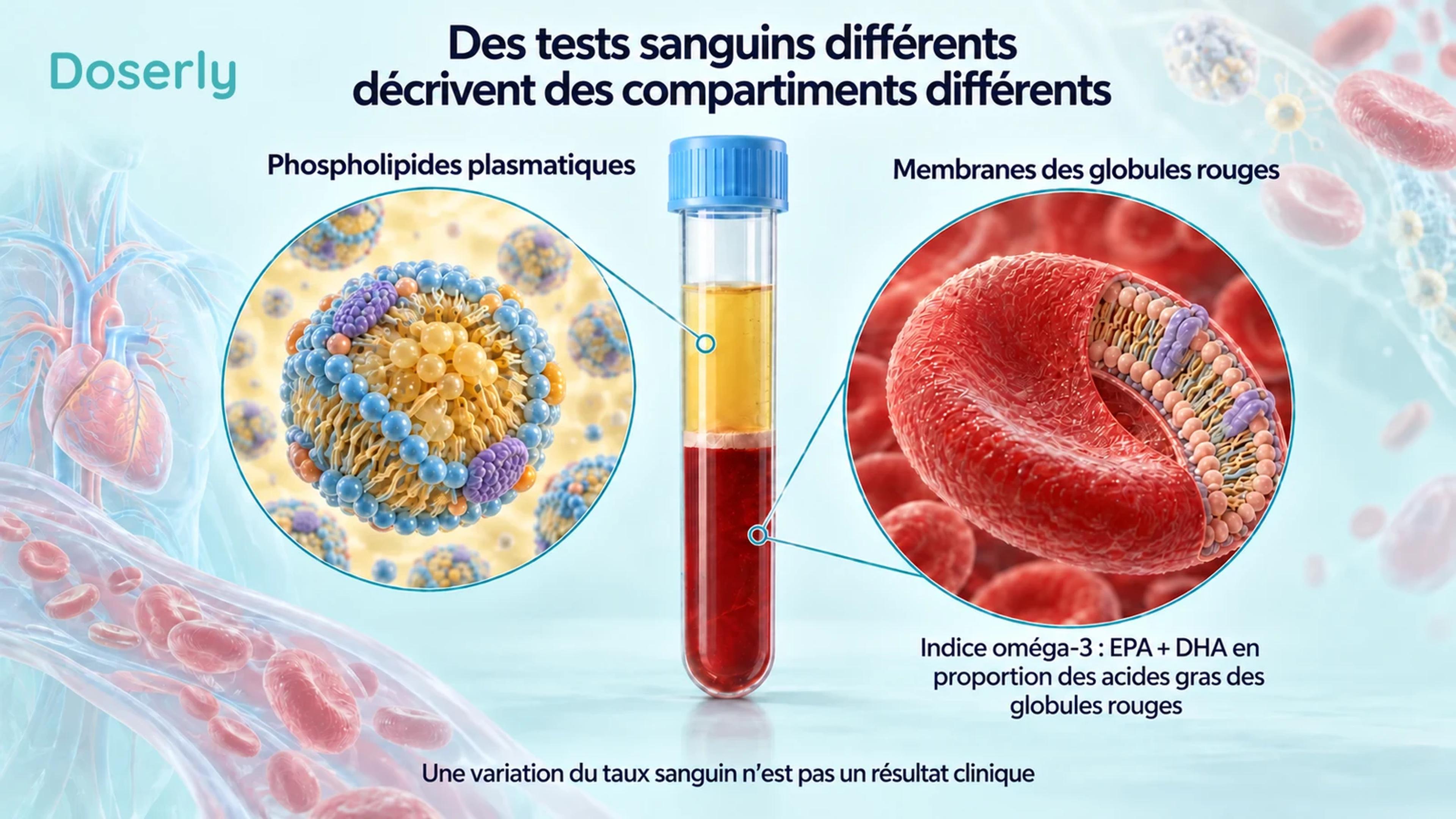 Échantillon sanguin séparé avec des encadrés montrant les particules lipidiques plasmatiques et la membrane d’un globule rouge.
