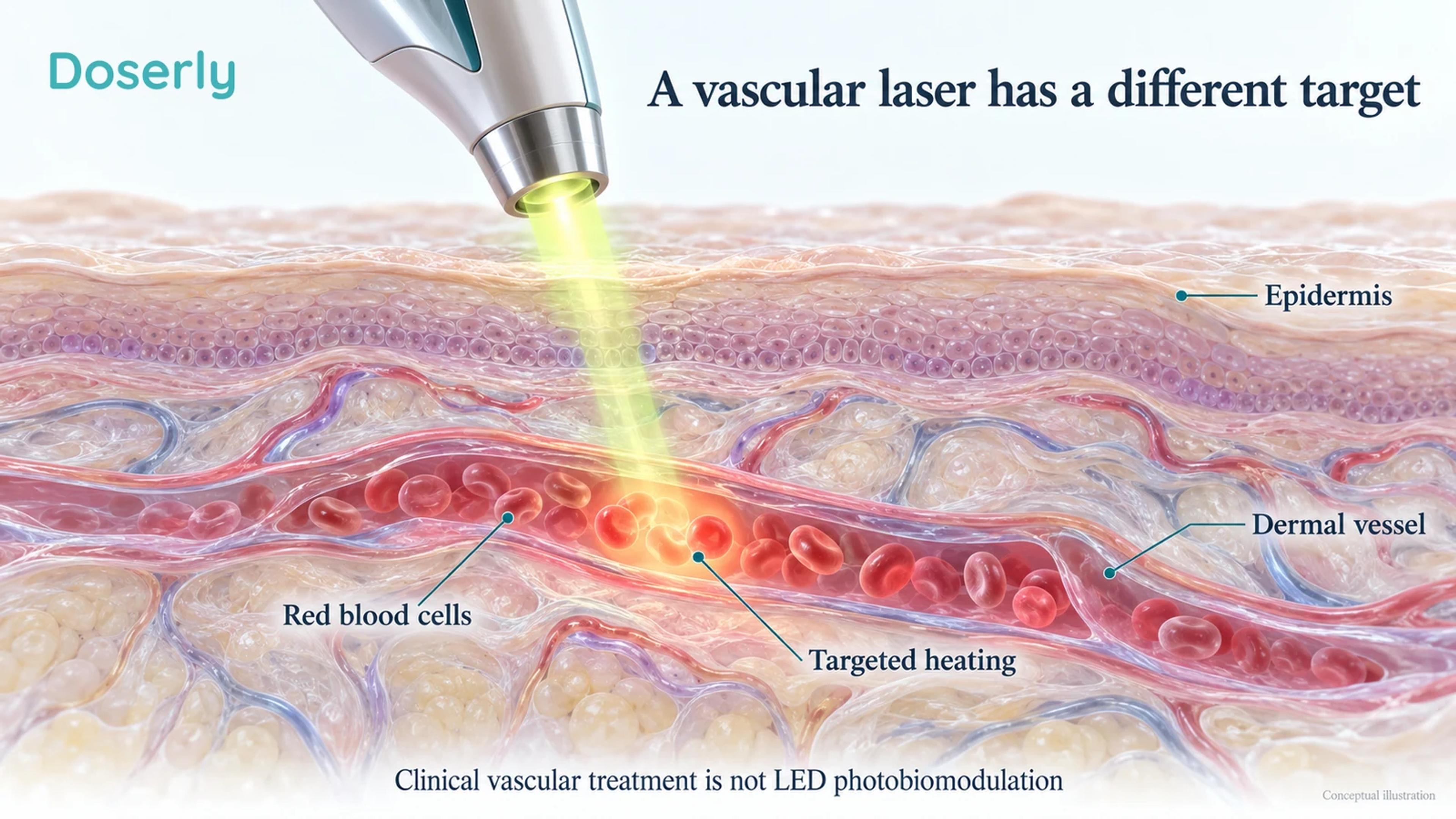 Conceptual cross section of a dermal blood vessel containing red cells beneath a clinical vascular laser handpiece.