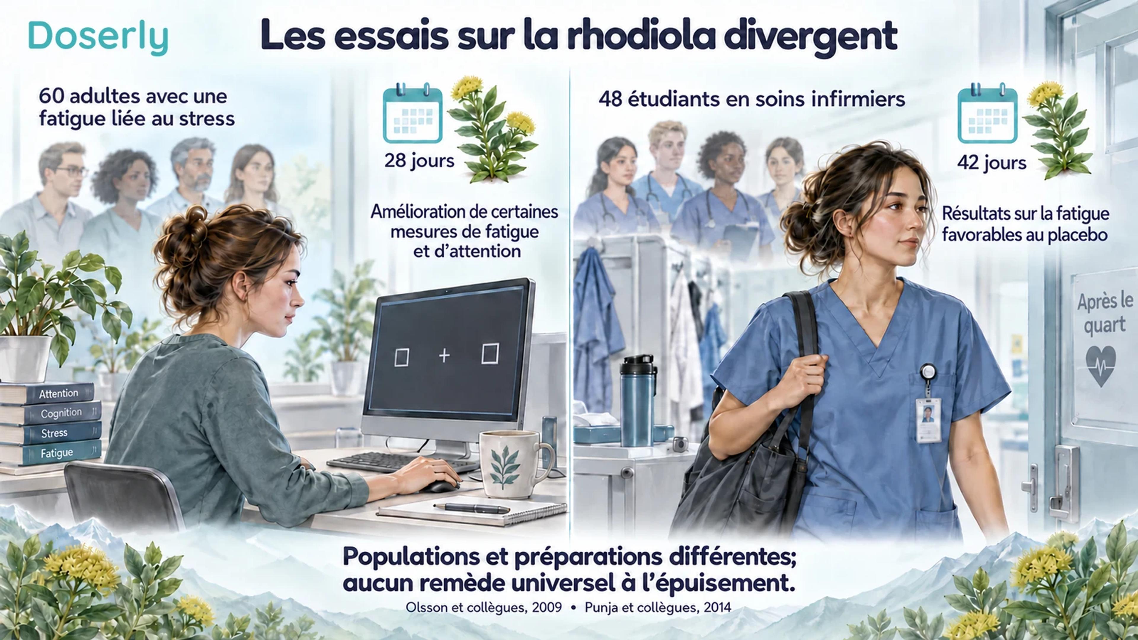 Deux contextes de recherche illustrés comparent une étude sur la fatigue liée au stress à un essai chez des étudiants en soins infirmiers qui favorisait le placebo.